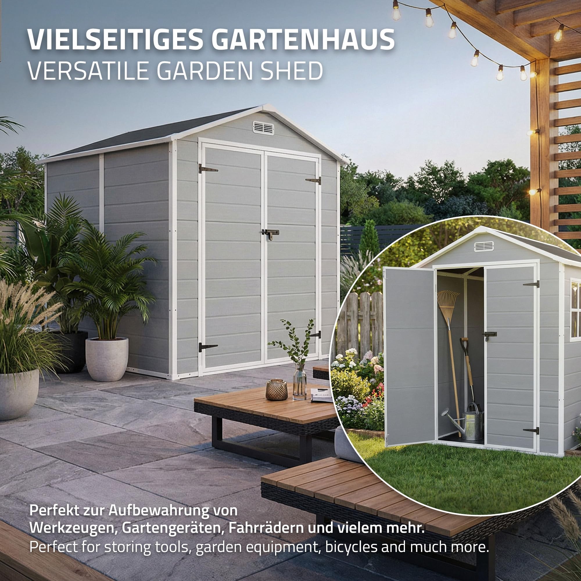 ECD Germany Abri de Jardin avec Plancher en Résine PP 5m³ Gris Clair, Toit Double Pente, Fenêtre, Porte Double, Ventilation, Cabane de Rangement Extérieur 151x182x220 cm, Résistant Aux Intempéries