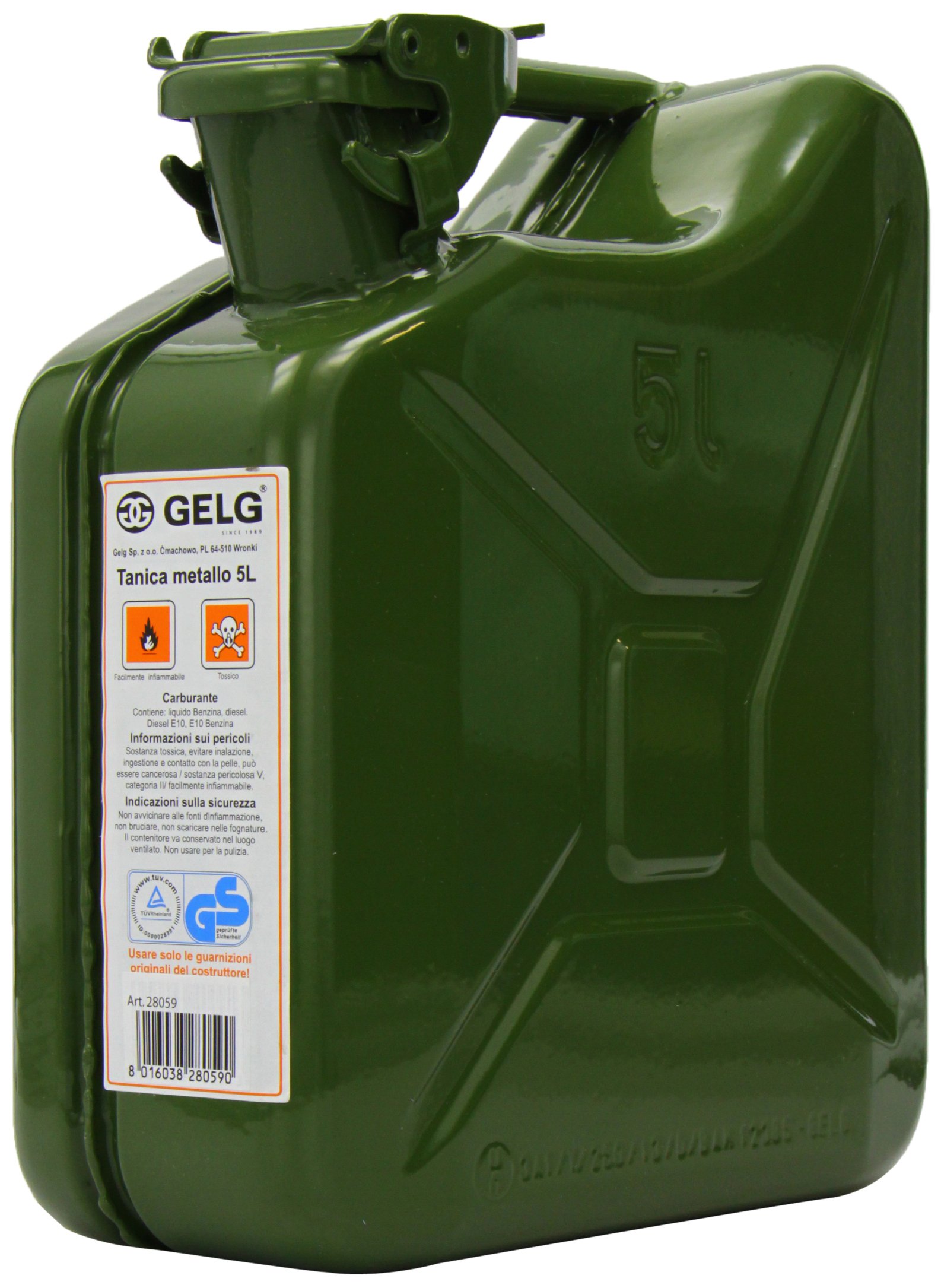 Bottari 28059 Tanica per carburanti in metallo 5 lt | Chiusura ermetica con gancio di sicurezza anti-perdite. Manico per il trasporto. Stile verde militare per emergenze.