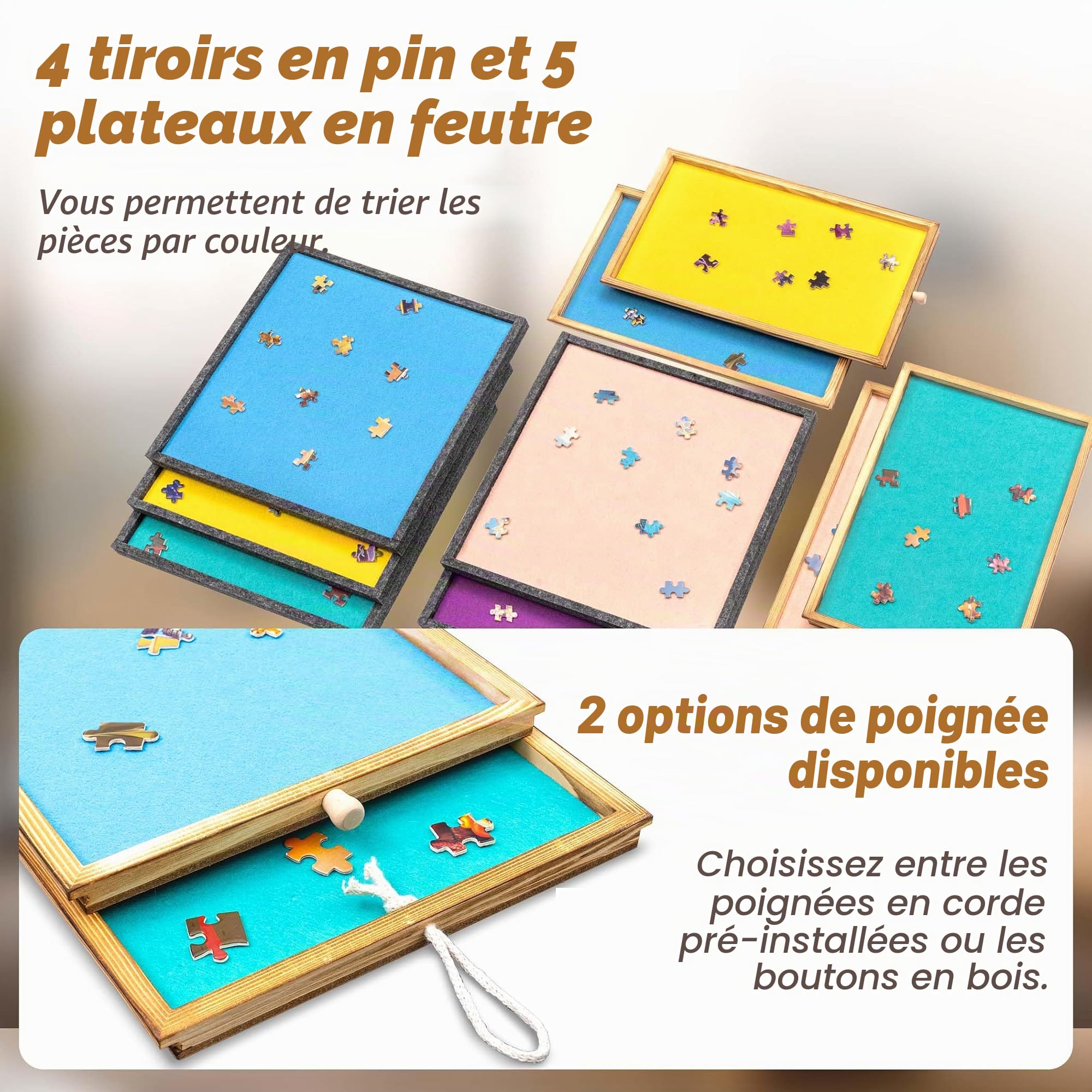 Tektalk Planche de Puzzle de 2000 pièces avec 4 tiroirs de tri et 5 Plateaux en Feutre, Table de Puzzle avec Couvercle et poignée, Rangement pour 2000, 1500, 1000, 500 pièces de Puzzle