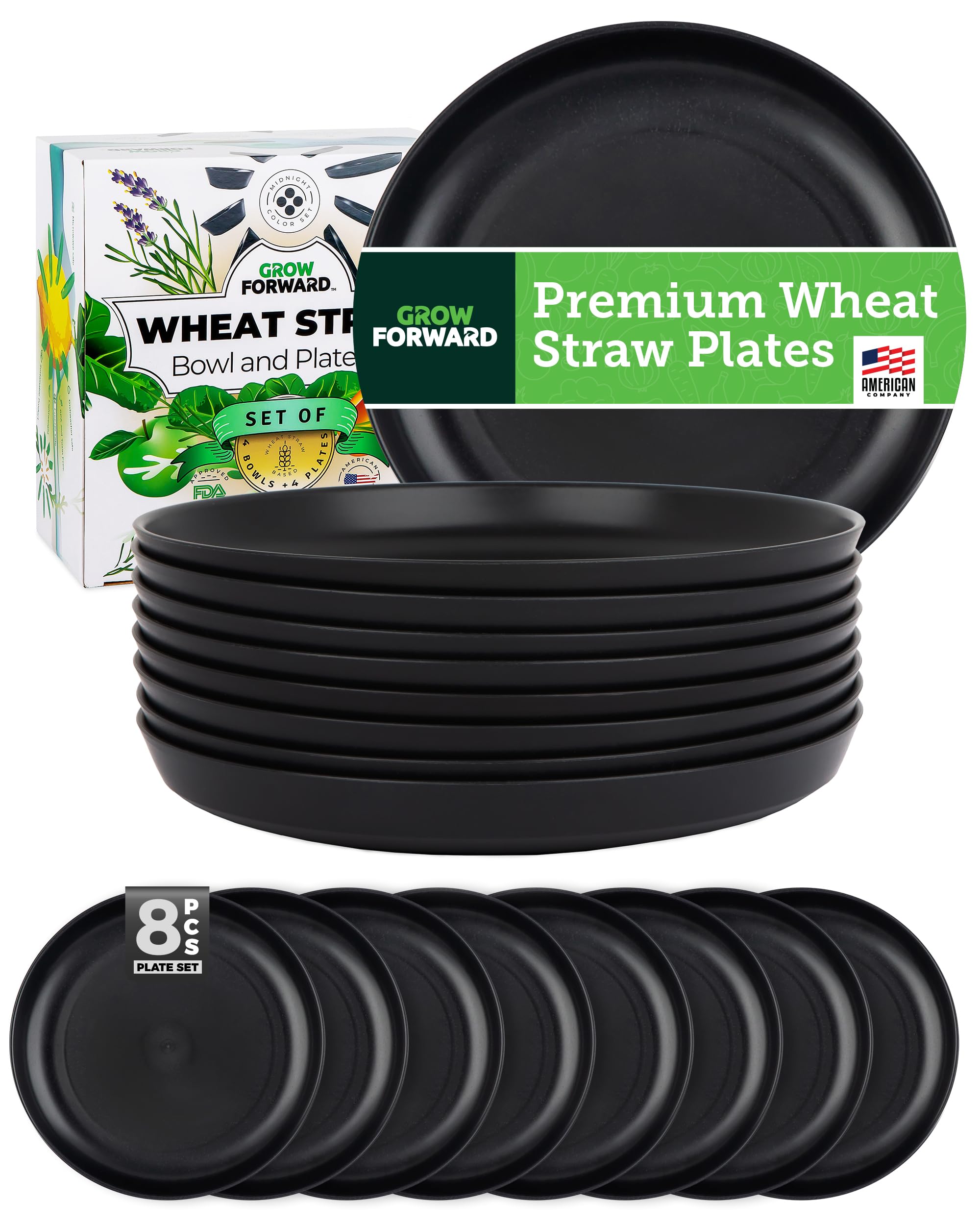 Grow Forward Premium Wheat Straw Plates - 10 Inch Reusable Hard Plastic Dinner Plates Set of 8 - Unbreakable Microwave Safe Plates for Dessert, Camping, RV, Outdoors, Patio, Kitchen Dishes - Midnight