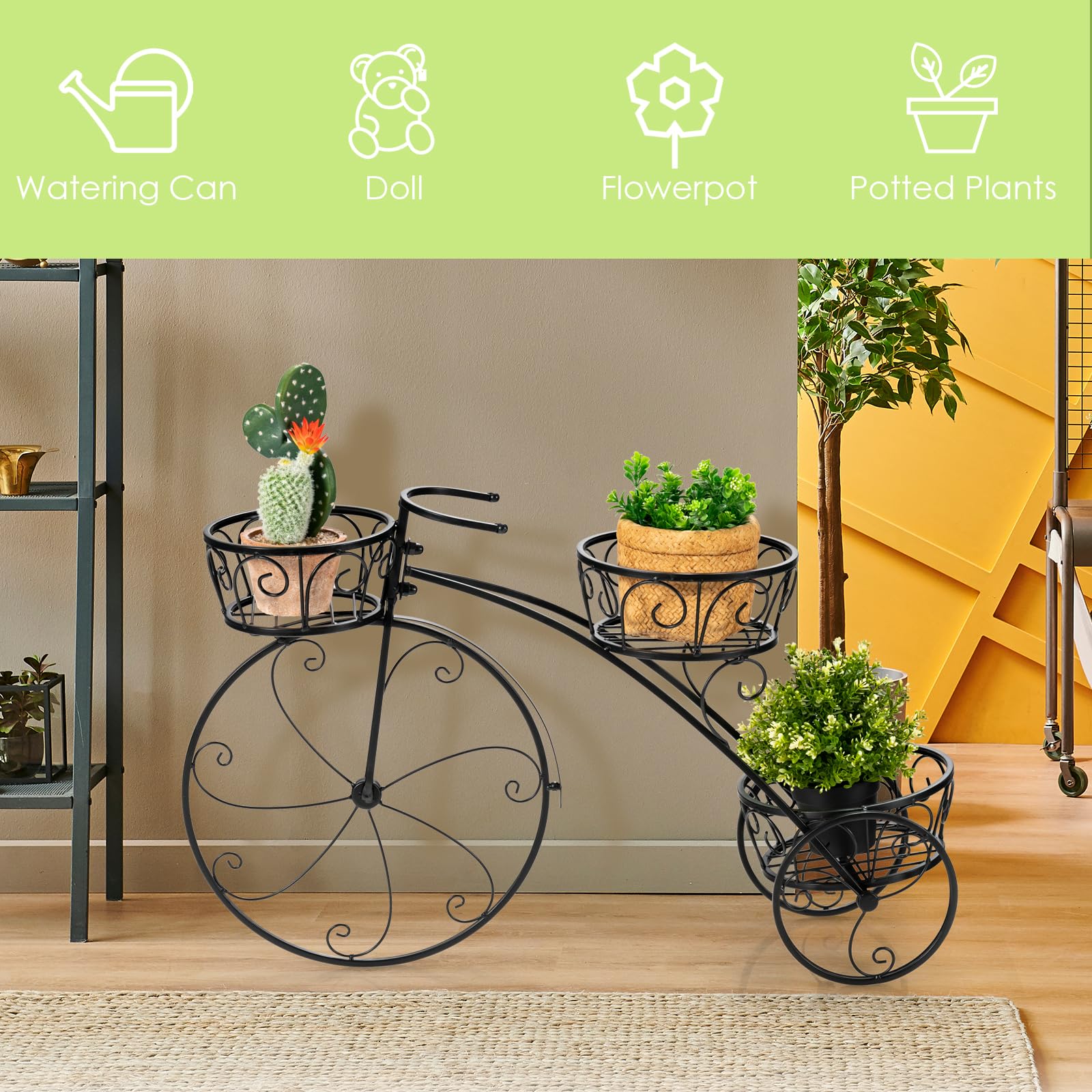 HOMASIS Support de fleurs en forme de vélo, escalier de plantes en métal avec 3 niveaux, escalier de plantes style vintage pour jardin, balcon, bureau, étagère à fleurs 80x25x52cm (Noir)
