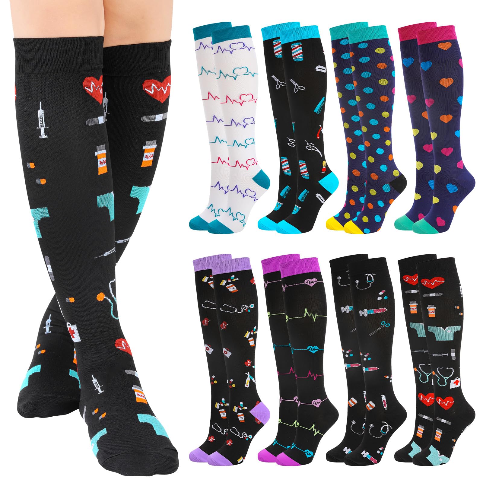 8 Paar Kompressionsstrümpfe Damen Herren,Kompressionssocken,Bunte Stützstrümpfe Compression Socks für Sport(40-46)
