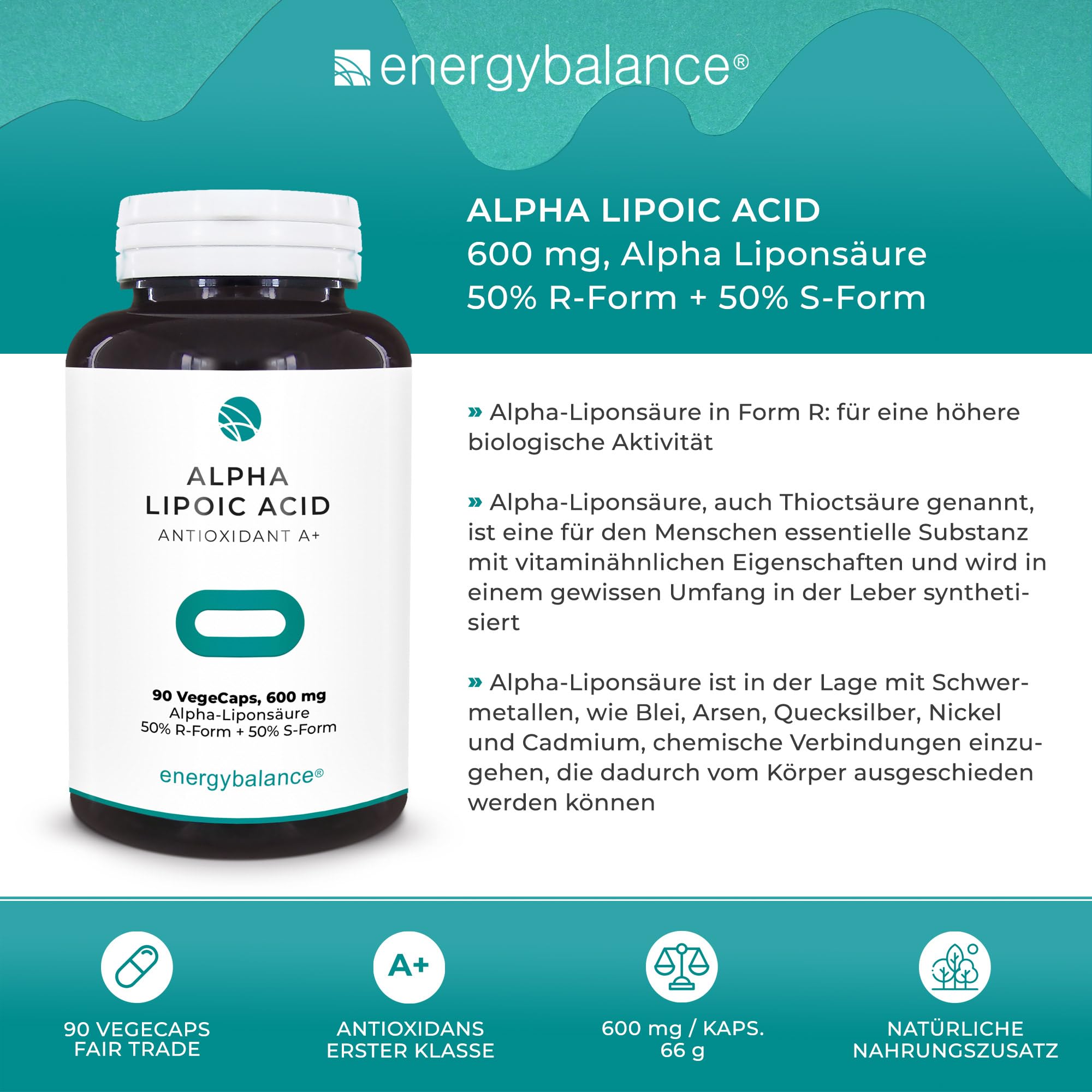 EnergyBalance Alpha-Liponsäure - Kapseln mit Antioxidantien - Thioctsäure - für Vegetarier - Vegan, Glutenfrei - 90 VegeCaps à 600 mg