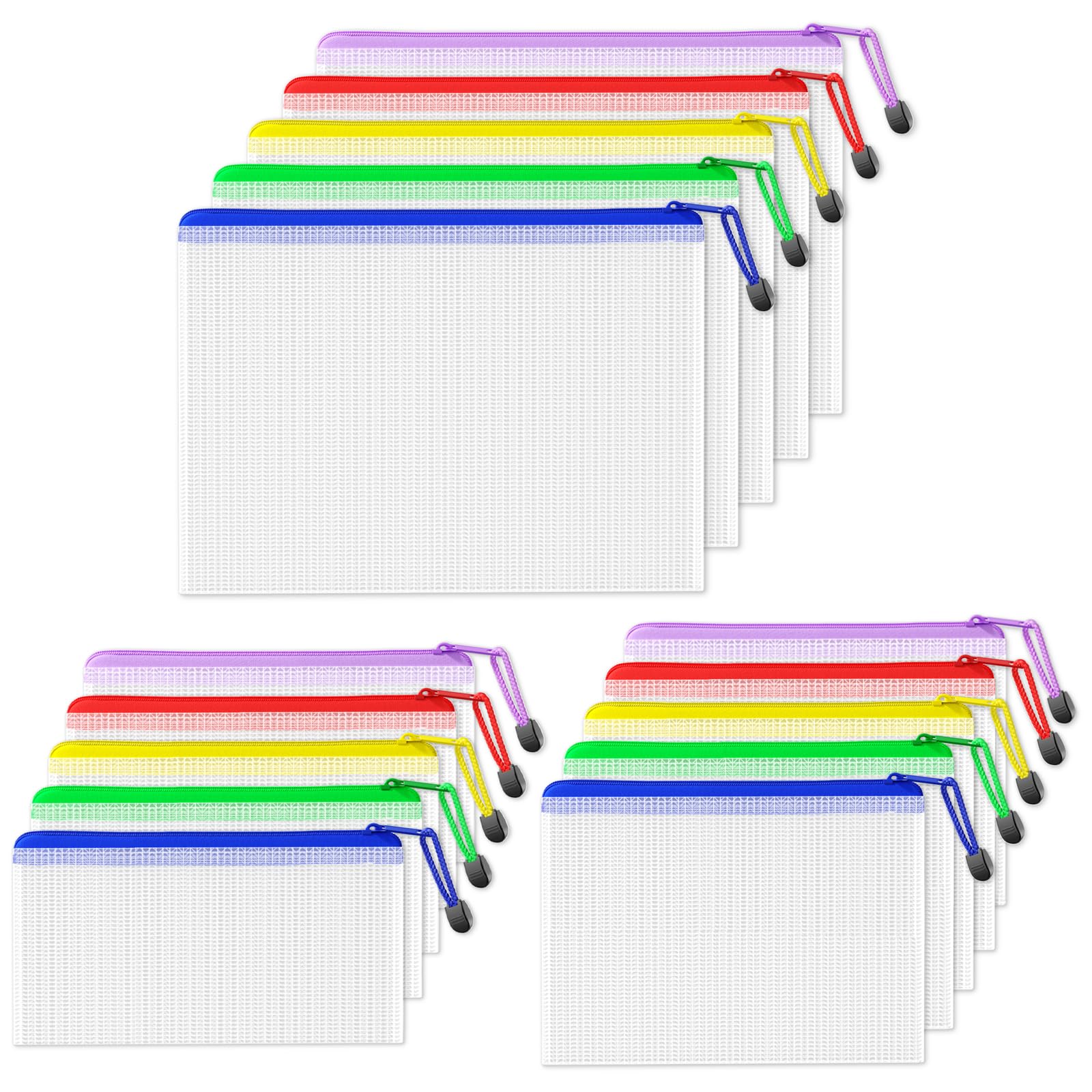 SUNEE Plastic Wallets A4 A5 A6, 15 Pack Mesh Zip Lock Document Wallets & File Bags, Waterproof Zip Plastic Folders for School, Office, Home and Travel Storage - 5 Colours