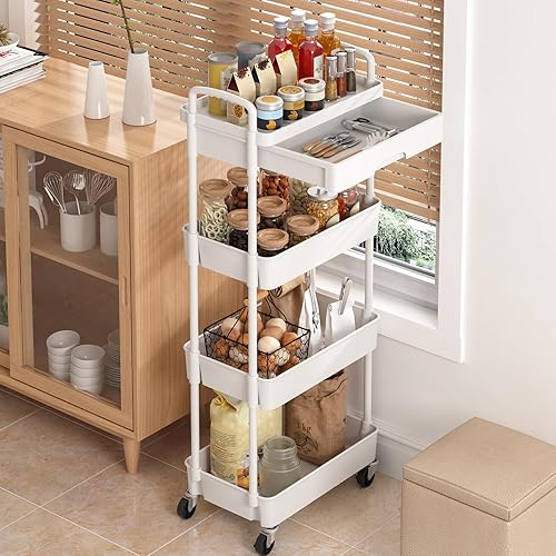 Miniatura 4 de Dttwacoyh Carrito con ruedas de 4 niveles, carrito con cajón, organizador de almacenamiento de cocina con estante de plástico y ruedas de metal,