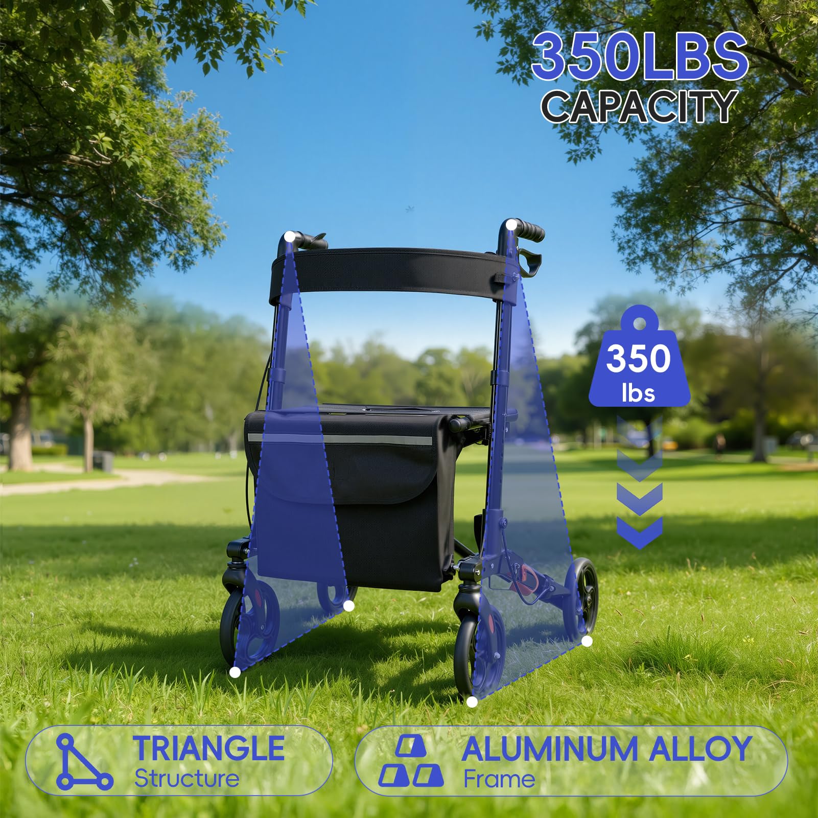 Andador plegable para adultos, ayuda a caminar para ancianos con asiento, respaldo, freno, ruedas grandes de 20 cm, altura ajustable, marco de aluminio resistente, 159 kg (Negro)