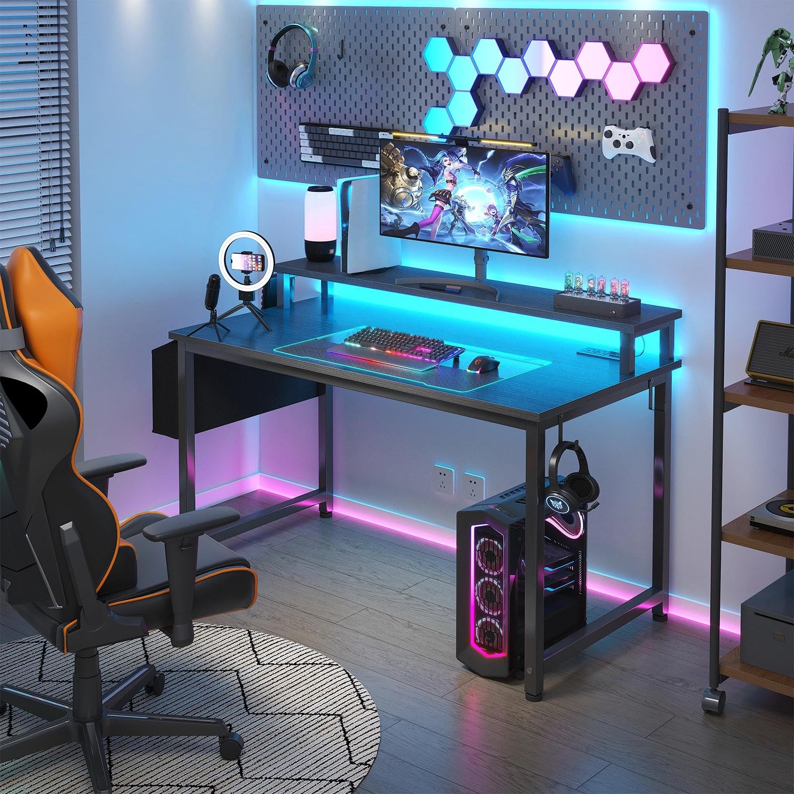Lufeiya Black Gaming Desk with LED Lights and Power Outlets, 40 Inch Teen Writing Study Table Home Office Desks with Monitor Stand, Computer Desk with Charging Station USB Port, Black