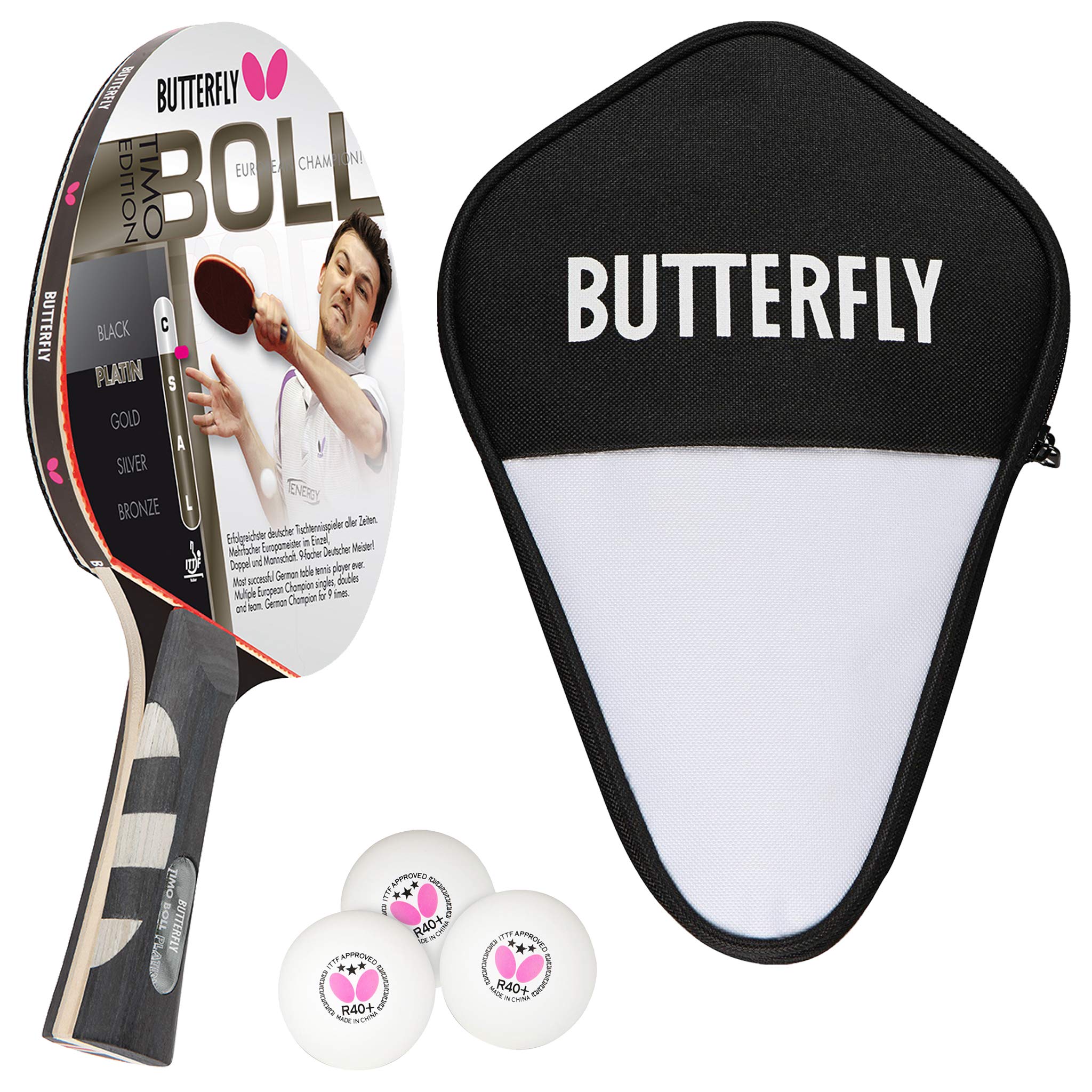 Butterfly® Timo Boll Platin 85025 Tischtennisschläger | Tischtennis Racket Bat Profi | Wettkampfschläger für fortgeschrittene Spieler | ITTF zertifizierter Pan Asia Belag | anatomische Griffform