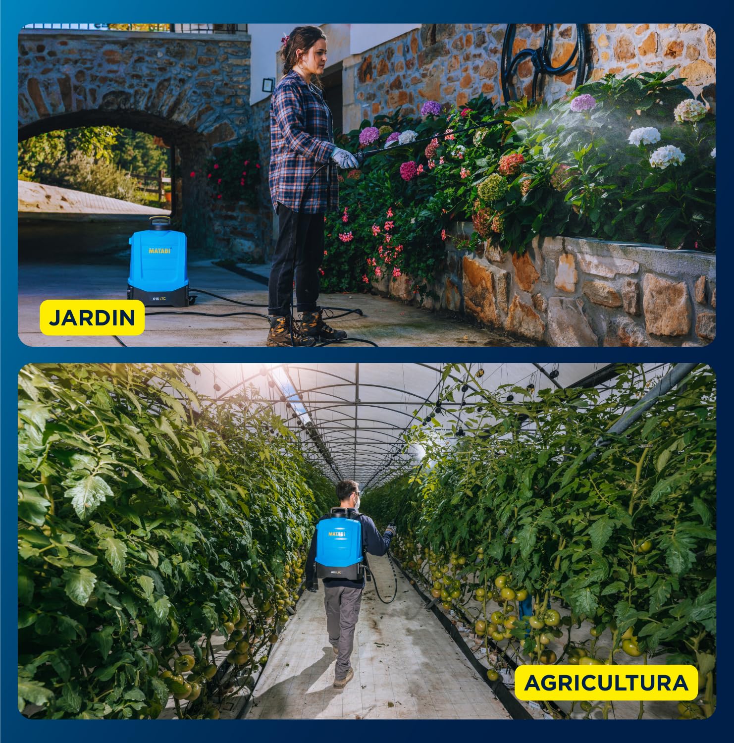 Matabi e15LTC Pulverizador Eléctrico 15L - Batería Litio 20V - 4 Boquillas | 2 Modos Pulverización Homogénea - Sulfatadora Batería 25 Depósitos - Aplicaciones Agrícolas, Huertos y Jardinería Profesional