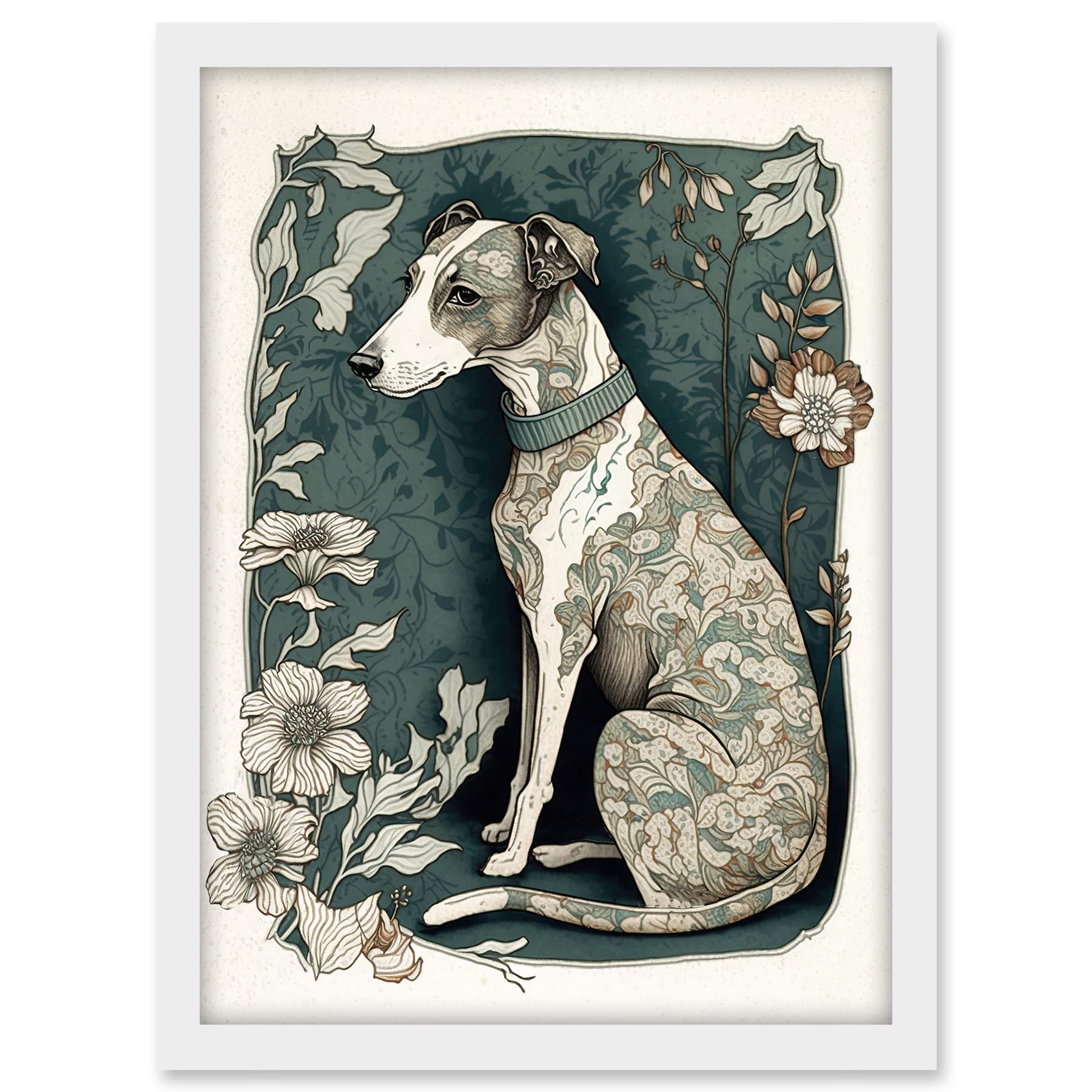 Artery8 Whippet Dog with Floral Pattern Fur Coat Art Nouveau Inspired Watercolour Illustration Artwork Framed A3 Wall Art Print