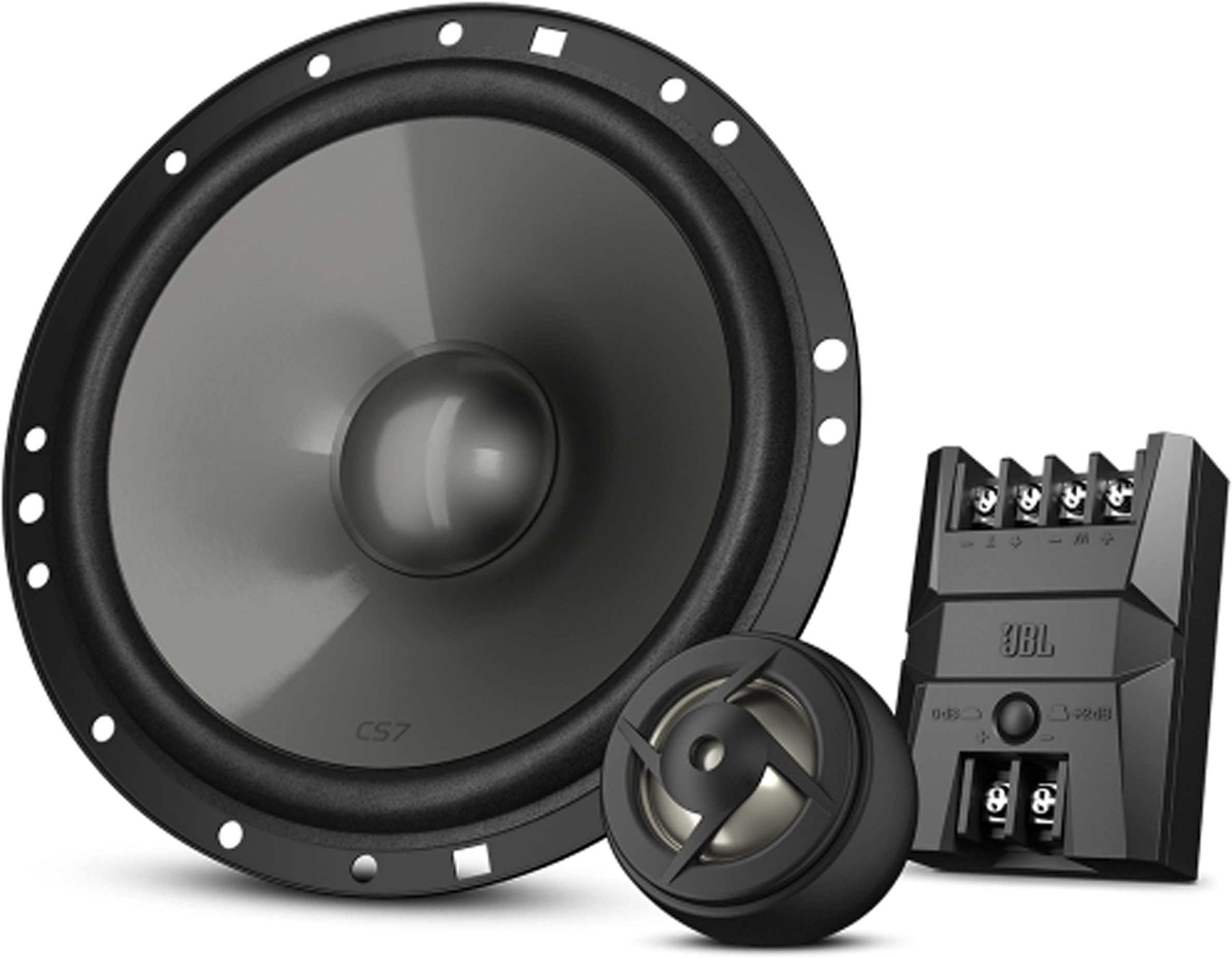 JBL Car CS7 Series 6-1/2 Inch Component In-Car Audio Coaxial Loudspeaker System Including x2 Midrange Speakers, x2 Midrange Grilles and x2 Tweeters - Black