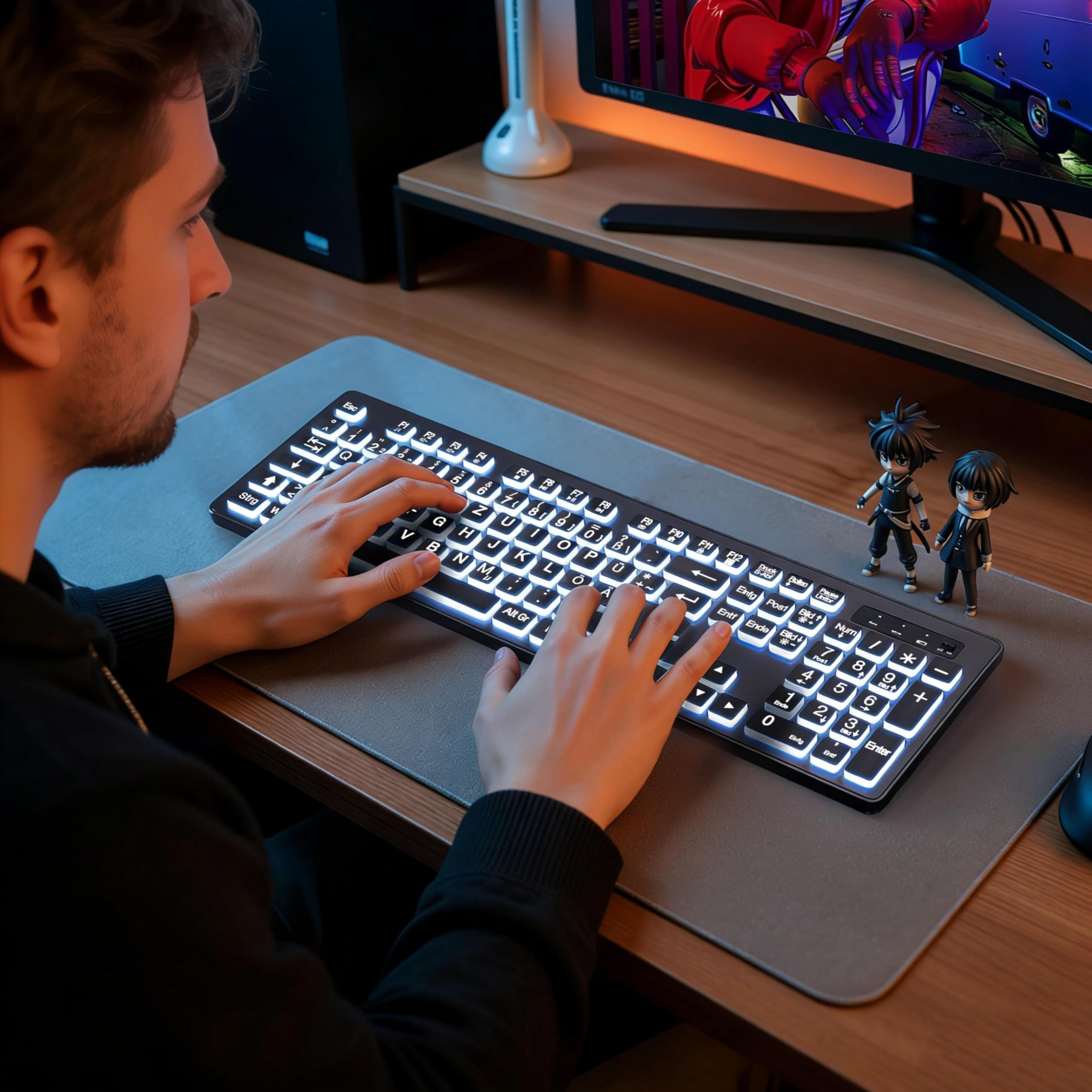 Großschrift Kabellose Computertastatur & Maus Set – DE Vollformat-Tastatur mit weißer Hintergrundbeleuchtung, 2,4-GHz, wiederaufladbar Tastatur & Maus für Büro, Homeoffice & Windows PC (QWERTZ)