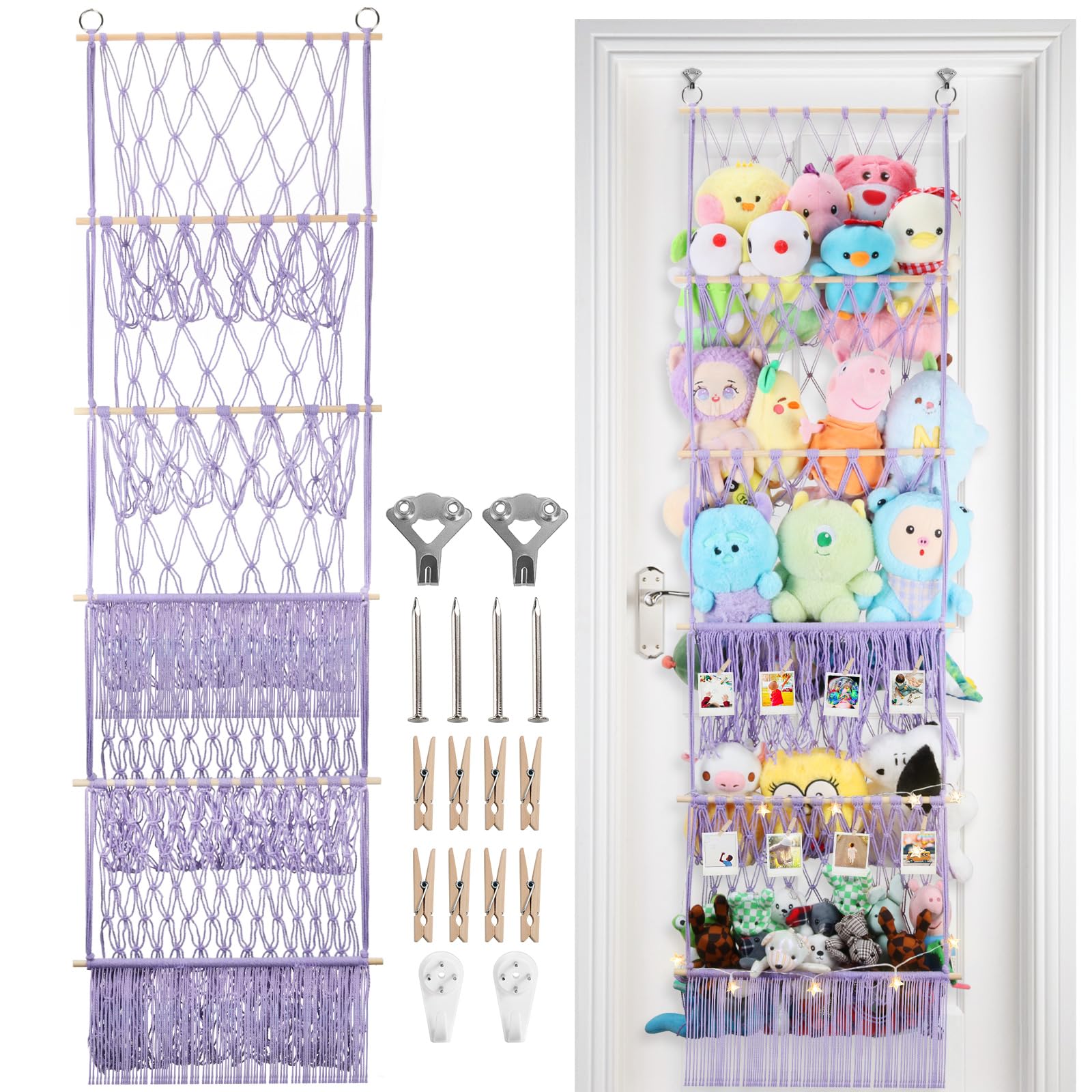 iHansee 5 Tier Stuffed Animal Storage Shelf Net, 17x61 Inch Large Plushie Net w/LED Light & Clips for Mini Medium Stuffy Teddy, Purple Boho Macrame