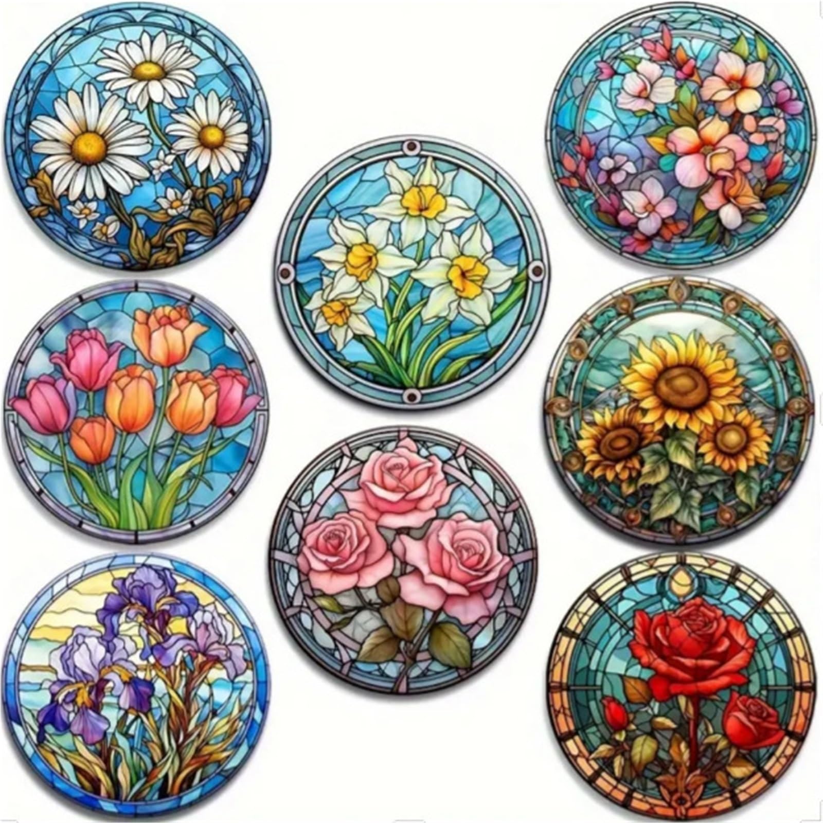 Wooden Round Coasters 8Pcs Mandala Flower Wooden Coasters