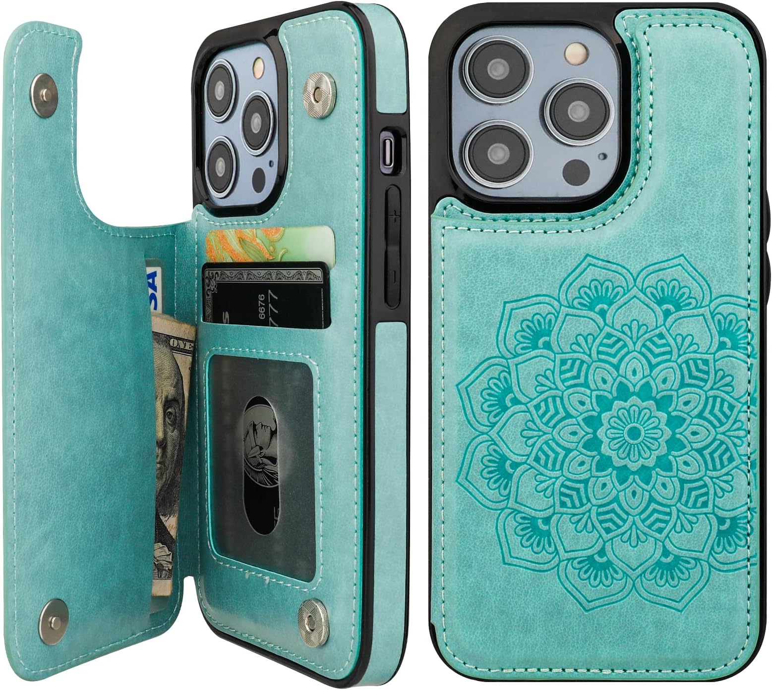 Vaburs Compatible with iPhone 14 Pro Case Wallet with Card Holder, Embossed Mandala Pattern Flower PU Leather Double Buttons Flip Shockproof Cover for Magnetic Car Mount 6.1 Inch (Green)
