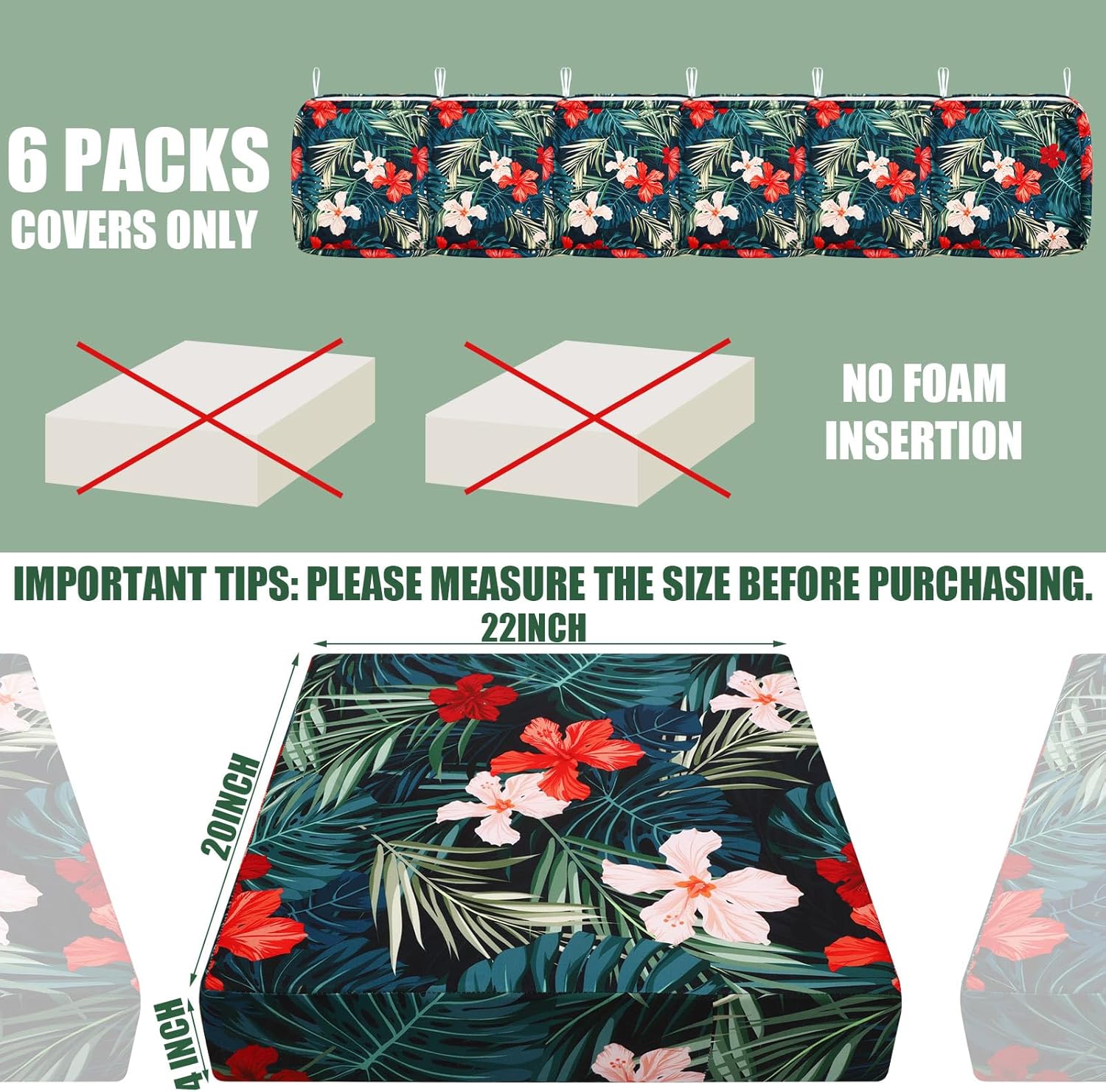 Panelee 6 Pcs Patio Cushion Covers Square Chair Seat Slip Covers Waterproof Outdoor Cushion Replacement Water Repellent Slipcover with Ties for Sofa Furniture Bench(22 x 20 x 4 Inch)