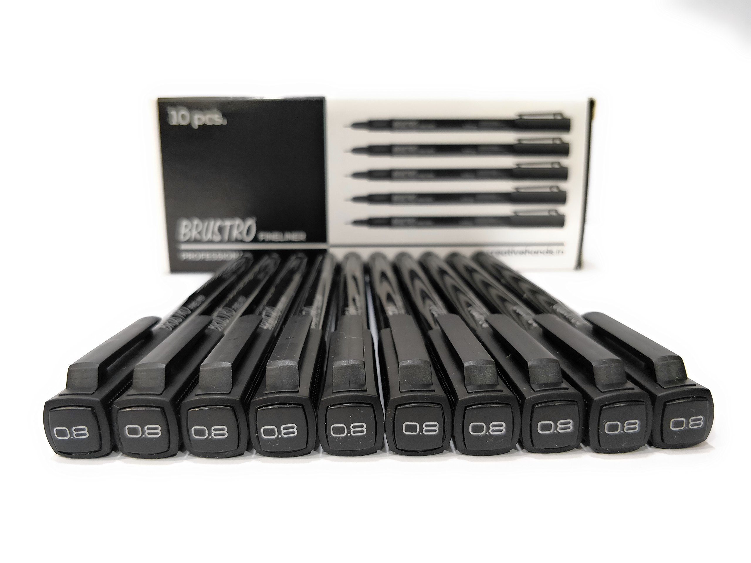 BRUSTRO Caja de 10 rotuladores profesionales a base de pigmentos (tamaños de punta de 0,8 mm, tinta negra y resistente a los rayos UV) con agarre cómodo, ideal para mandala, bocetos, escritura,