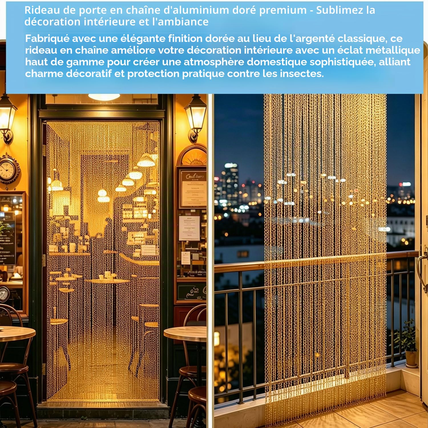 Store à Enrouleur en Aluminium 90 × 200 cm avec chaîne, Anti-Mouches et Anti-Insectes, pour la Protection Contre Les nuisibles, pour Portes et fenêtres, décoration d'intérieur (doré)