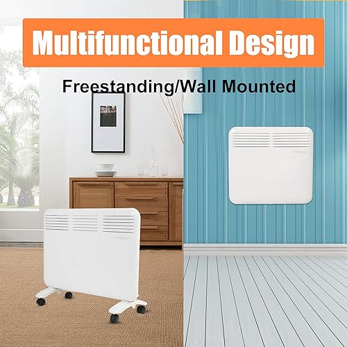 Miniatura 6 de Calentador de espacio, calentador convector eléctrico de 1000 W con ruedas independientemontado en la pared, panel calentador inteligente, pantalla