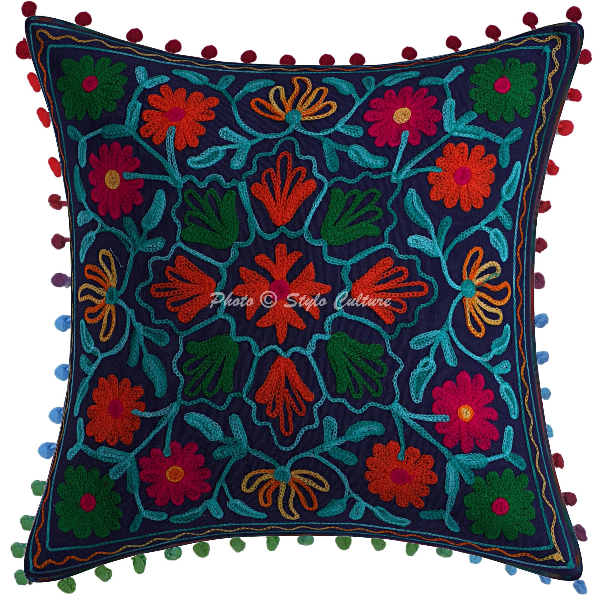 Ethnisch Dekorativ Baumwolle Couch Kissenbezüge 40x40 cm Dunkelblau Dekokissen Suzani Bestickte Pom Pom Spitze Schlafzimmer Sofa Kissen Bezüge Quadrat Blumen Kissenhullen - 5 STK.