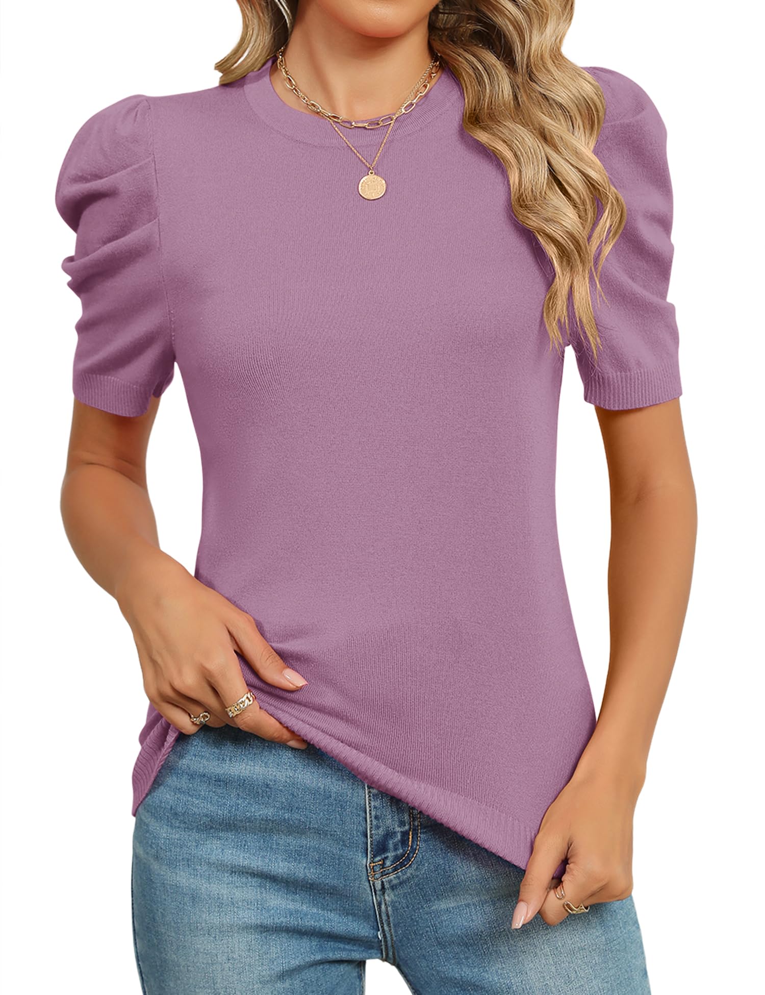 AKEWEI Puff Short Sleeve Sweater for Women Tops Trendy Spring Summer 2025 Business Casual Outfits Knit Crewneck Shirt Blouses
