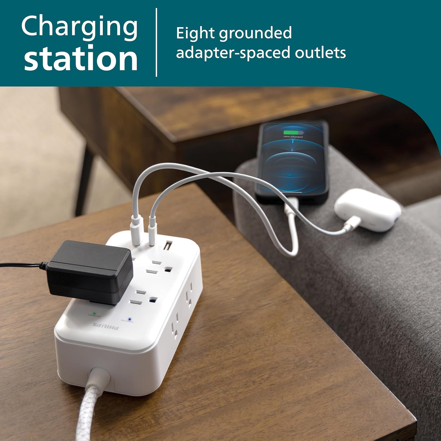 Philips Surge Protector, 8 Outlet, 2 USB-A, 1 USB-C, 17W, 3120J, Braided Cord, 6ft, White