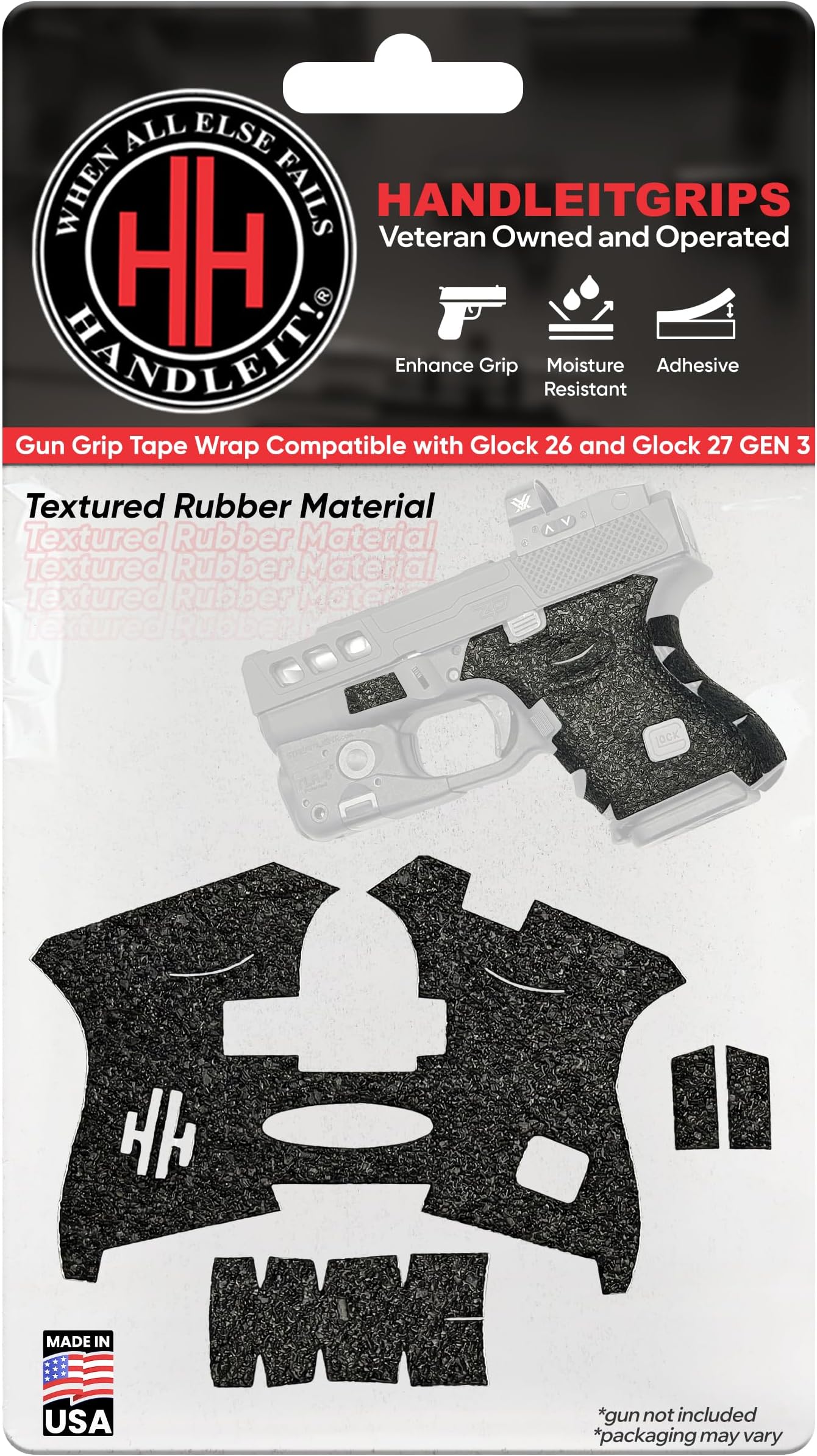 Handleitgrips Gun Grip Tape Compatible with Glock 26 and Glock 27 GEN 3 - Black Textured Rubber Pistol Grip Tape, Gun Skins, Veteran Owned, Made in USA