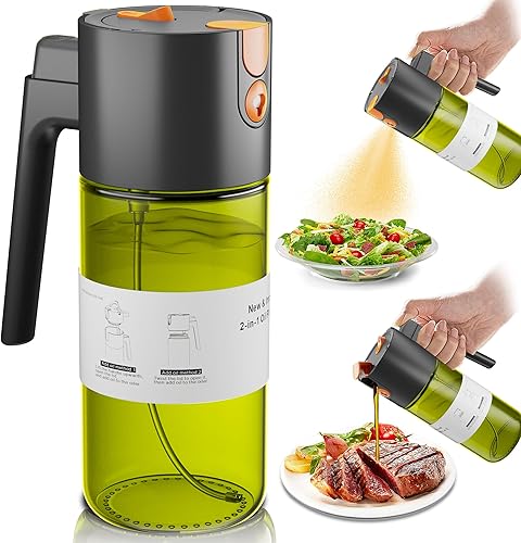 Pulverizador de Aceite 2 en 1 Mejorado para Cocinar, Botella Dispensadora de Aceite de Oliva de Vidrio con Bloqueo de Luz de 17 oz para Cocina,