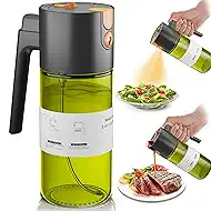 Upgrade 2 in 1 Oil Sprayer for Cooking, 17oz Light-Blocking Glass Olive Oil Dispenser Bottle for Kitchen, Food-Grade Oil Mister with 8 Stickers for Salad, Frying (Green Bottle-Black Gap)