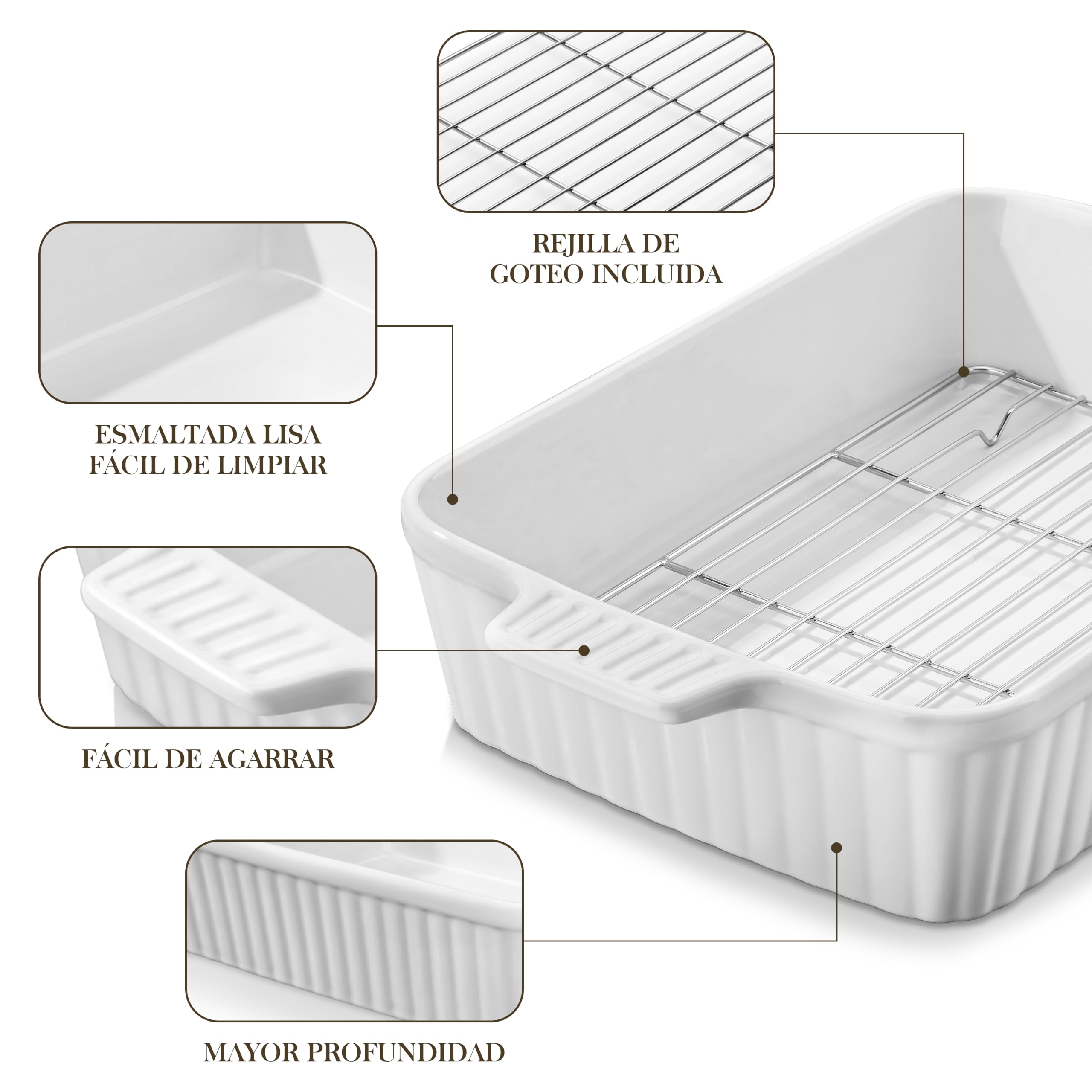 MALACASA Serie BAKE, Fuente Rectangular de Porcelana para Horno de 4200 ml con Rejilla, Fuente Grande para Horno con Asas para Gratinados y Guisos, Apta para Lavavajillas, Color Blanco
