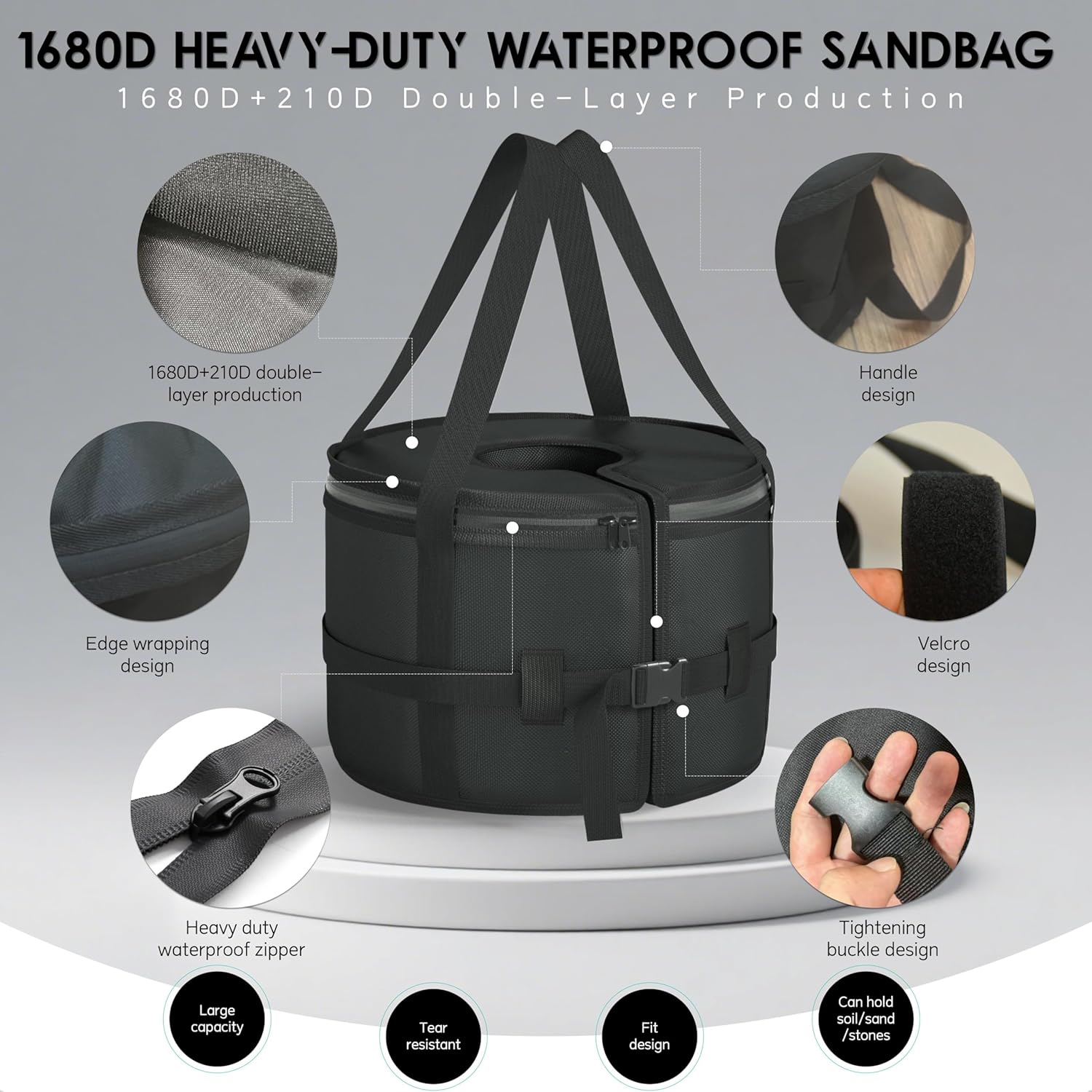 Sandbag and Umbrella Base, 1680D Waterproof Oxford Cloth Sandbag holds up to 58 lbs of sand, for Patio, Deck, Poolside, features 4 wheels, 2 locking wheels, 2 knobs, Baked-enameled Stainless Steel.