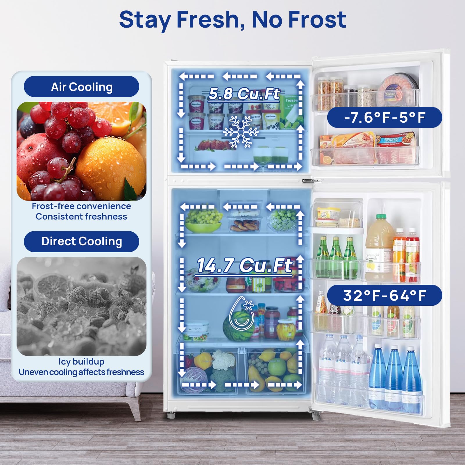 Smad Top Freezer Refrigerator, 20.5 Cu.Ft Double Door Full Size Refrigerators With Freezer 30", Frost Free Apartment Size Kitchen Fridge, Reversible Door, For Home, Office, LED Light, White on Fridge.com - View 2