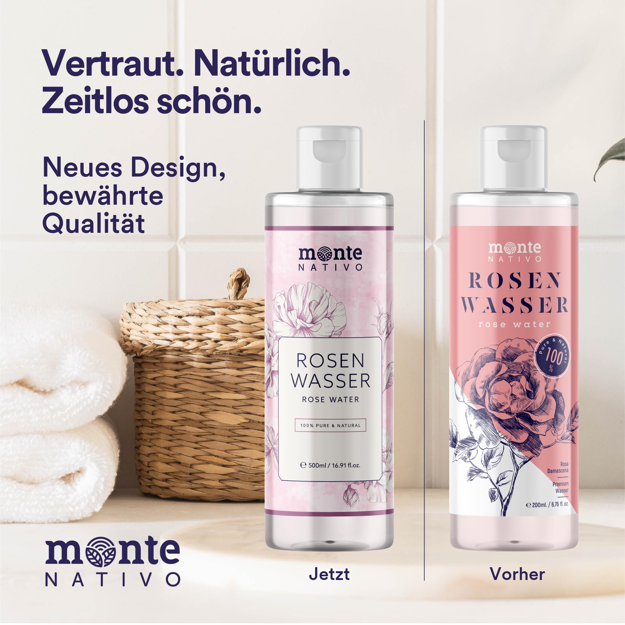 100% Woda różana Monte Nativo 500ml – 100% naturalna i czysta, toner do twarzy, naturalny różany hydrolat, potrójnie oczyszczony, kwiatowa woda różana