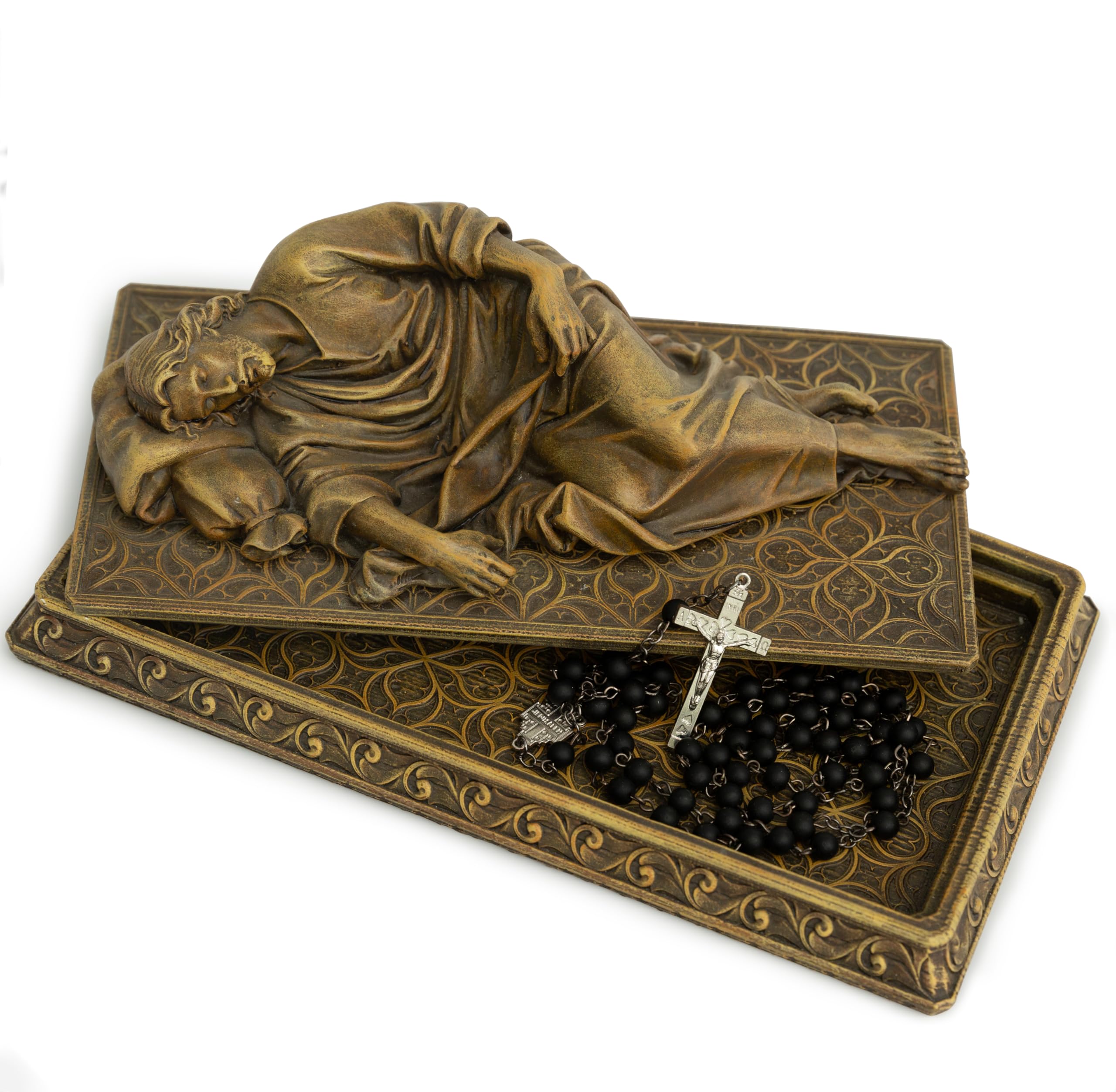 BC Catholic Sleeping St Joseph Statue with Case Base, Holder for Rosary, Patron Saint Religious Gfit of Inspirational Home Decor, 8.8" L, Wood Carve Looking, Hand Painted by Buildclassic