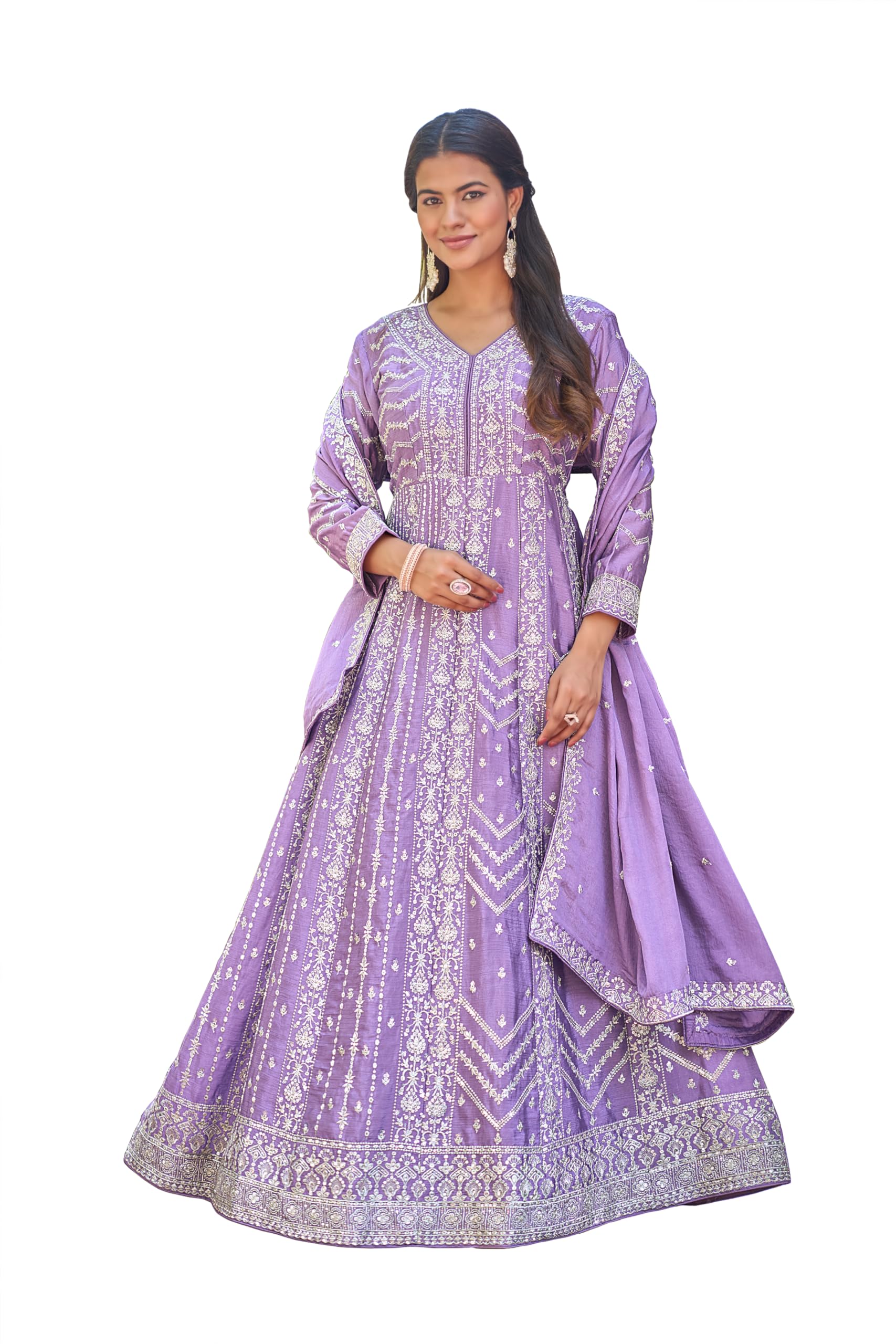 miss ethnik Women's Purple Chinon Stitched Gown with Dupatta Full Sleeve Embroidered A-Line Gown (ME-1315)-picture-11