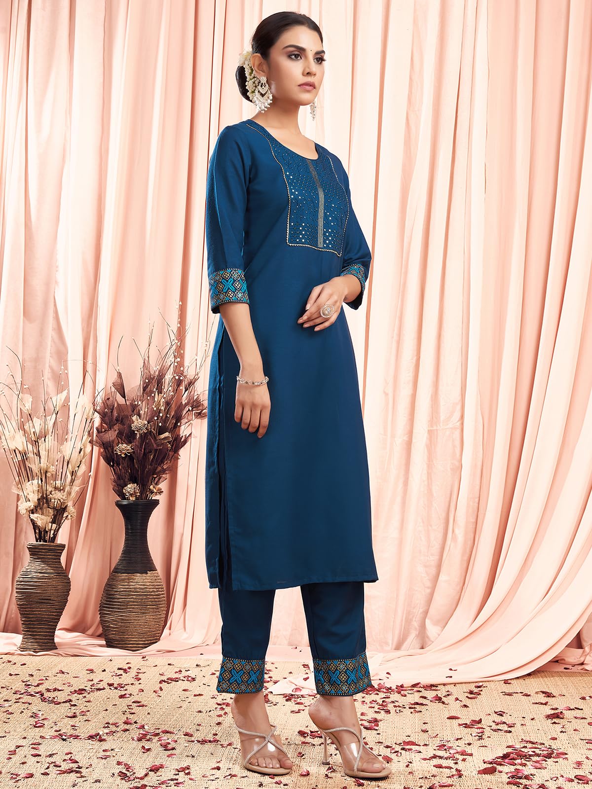Sanisa Women's Cotton Blend Sequence Embroidery Work With Foil & Pigment Print Straight Kurta With Pant And Dupatta Set (137Kbd1472Nr-L_Blue)