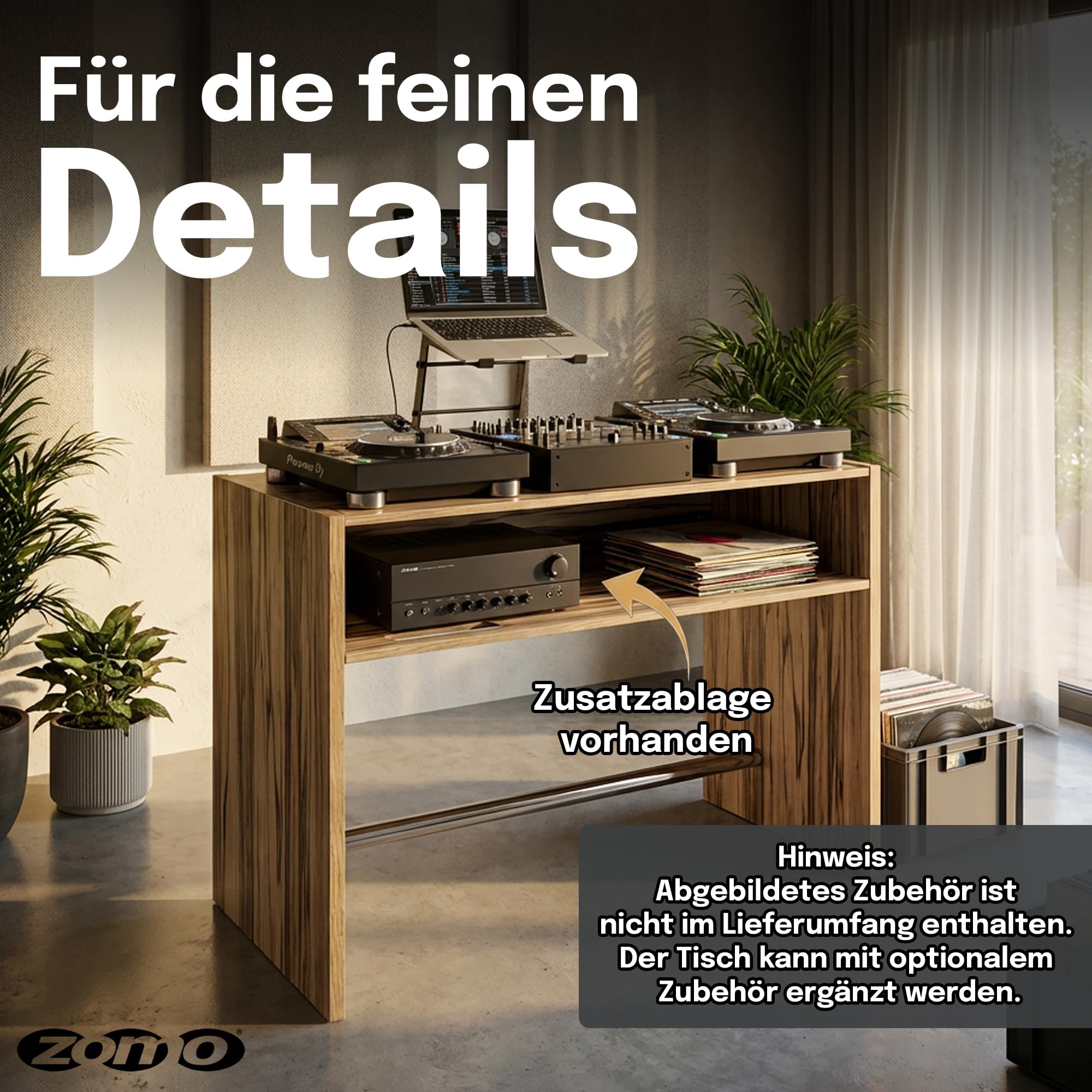 Zomo Deck Stand Ibiza 150 - DJ Tisch 153 x 50,6 x 96 cm - Zebrano - MDF Holz - 46,1 kg - für 2 Decks und einen Mixer bis 19 Zoll