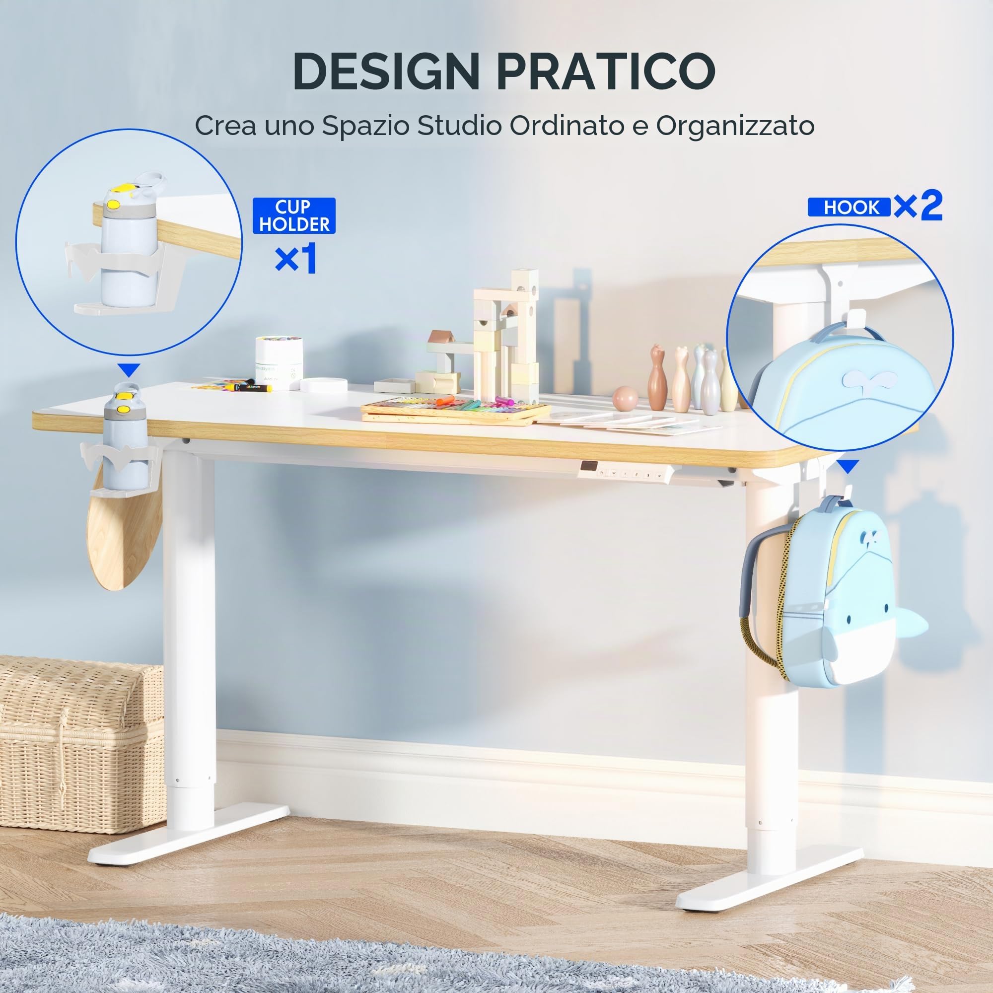 FLEXISPOT Scrivania per Bambini Regolabile in Altezza con Display LED, 3 Spazi di Archiviazione, Sicurezza, Piano Ergonomico 110×52 cm