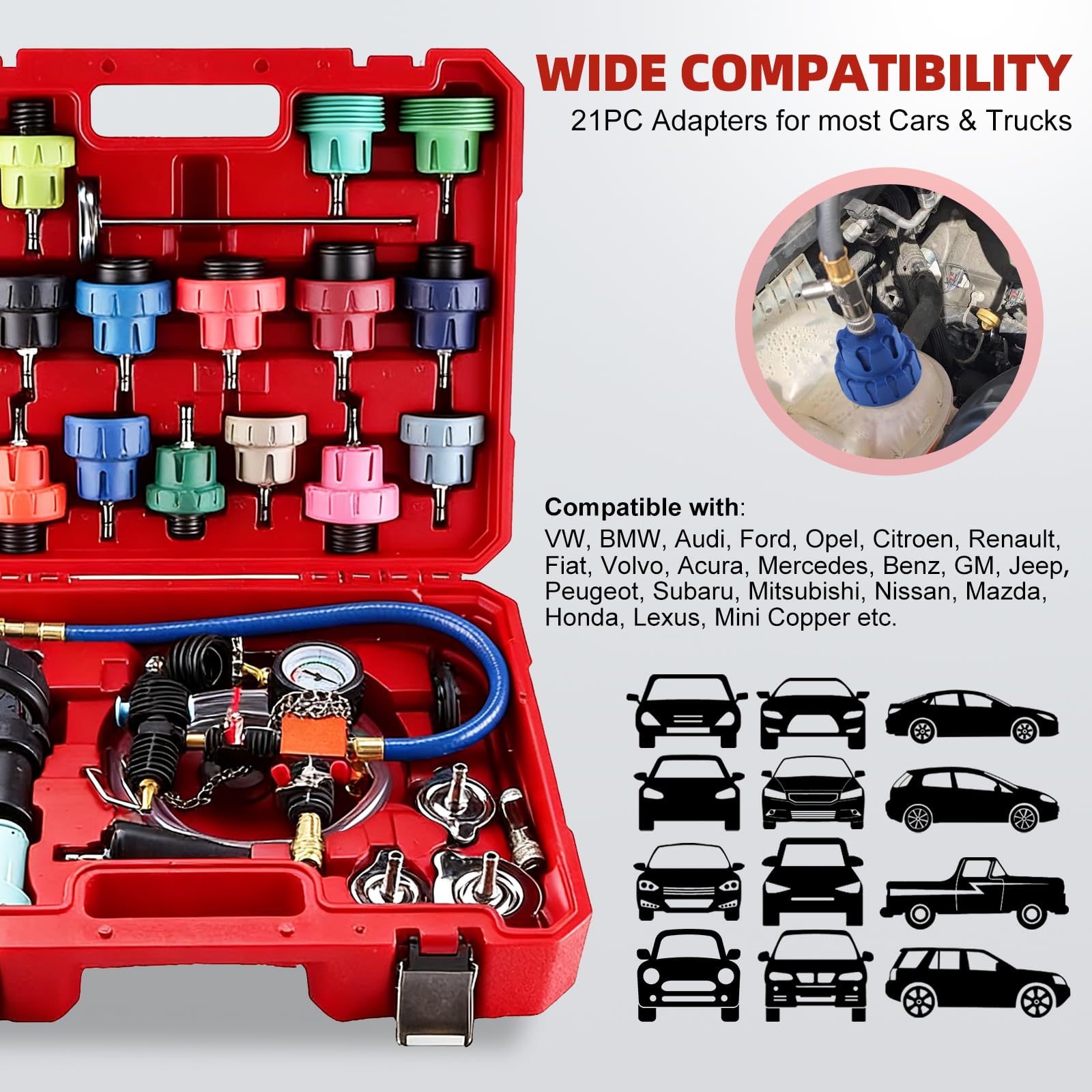 FreeTec 31pzs Probador Presion Radiador, Universal Probador Presion Circuito Refrigeración, Kit Comprobador Fugas Purgador Liquido Refrigerante, Herramientas Radiador Coche con Bomba Adaptador (Rojo)