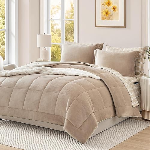 Juego de edredón de felpa tamaño King, color gris pardo claro, juego de edredón de franela de terciopelo de 7 piezas en una bolsa, juego de ropa de