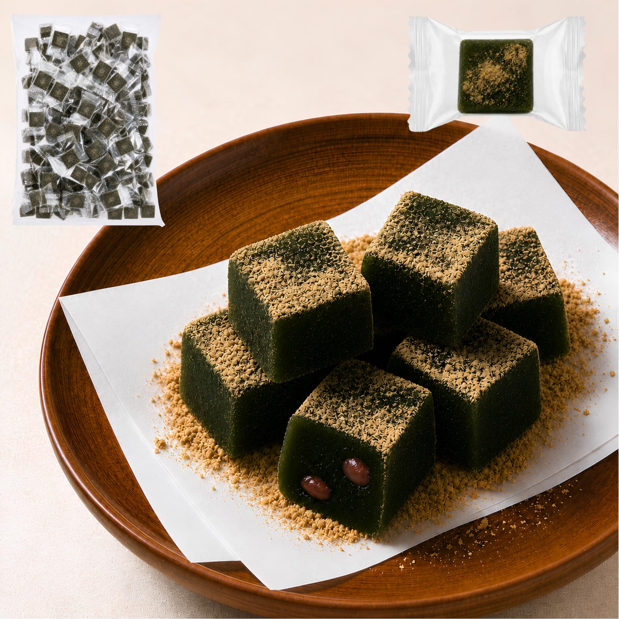 抹茶きな粉もち 餅 くず餅・わらび餅風 和菓子 スイーツ あんこ 個包装 【500g 目安入数50個程度】【国産抹茶・北海道産小豆入り 国内製造】【Alneka】