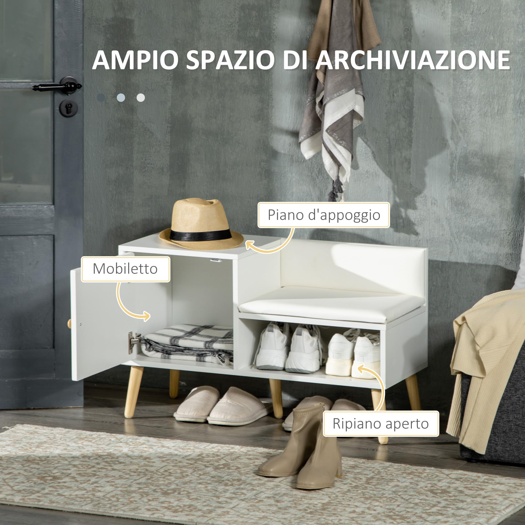 HOMCOM Panca Scarpiera da Ingresso Salvaspazio con Seduta Imbottita, Ripiano Aperto e Armadietto per 4 Paia di Scarpe, Corridoio, Camera da letto, Soggiorno in Legno, 80x33x49cm, Bianco