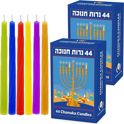 Velas multicolor de Janucá, velas de menorá, velas de Janucá, 44 para las 8 noches de Janucá, fabricadas en Israel (paquete de 2)