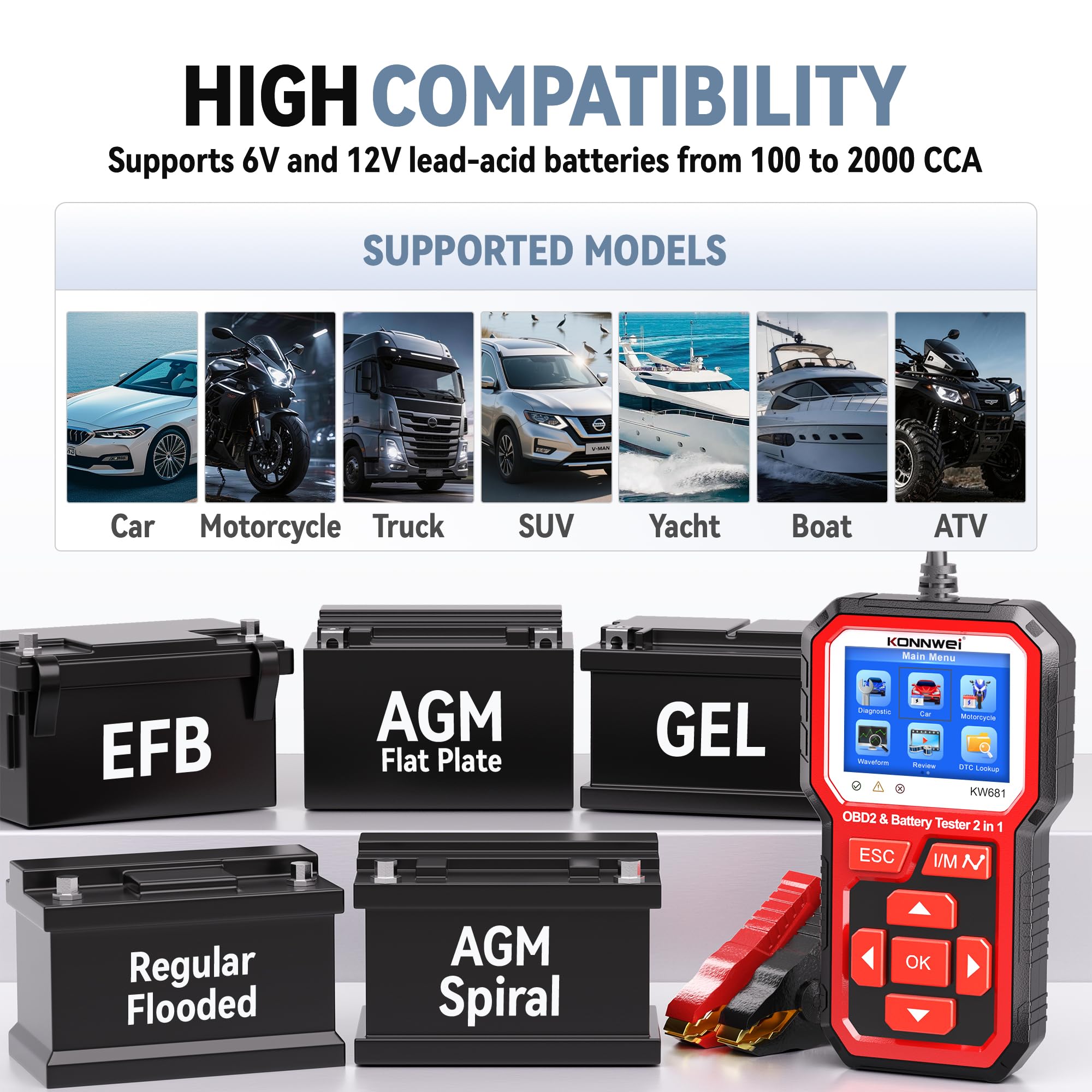 KONNWEI KW681 Auto walizka diagnostyczna 2 w 1, czytnik diagnostyczny OBD2 z testerem akumulatora samochodowego 6V/12 V, test akumulatora CCA/SOH/SOC, kompatybilny z pojazdami benzynowymi | Diagnostyka pojazdu
