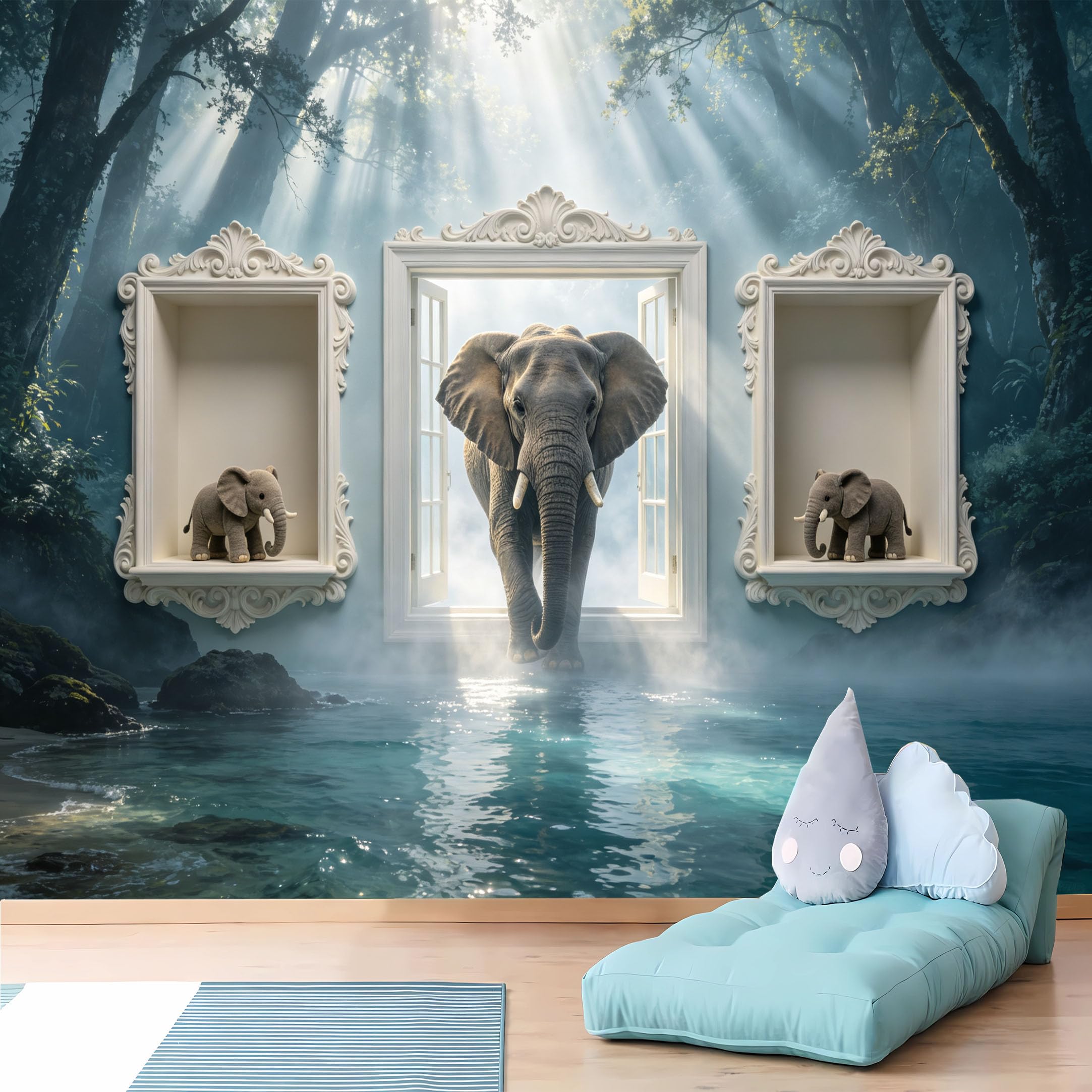 Custom Size Wall Murals Ornate Frame Forest Elephant Wall Murals Wildlife Wallpaper Wall Stickers Self-Adhesive Removable Wallpaper for Living Room Home Decor