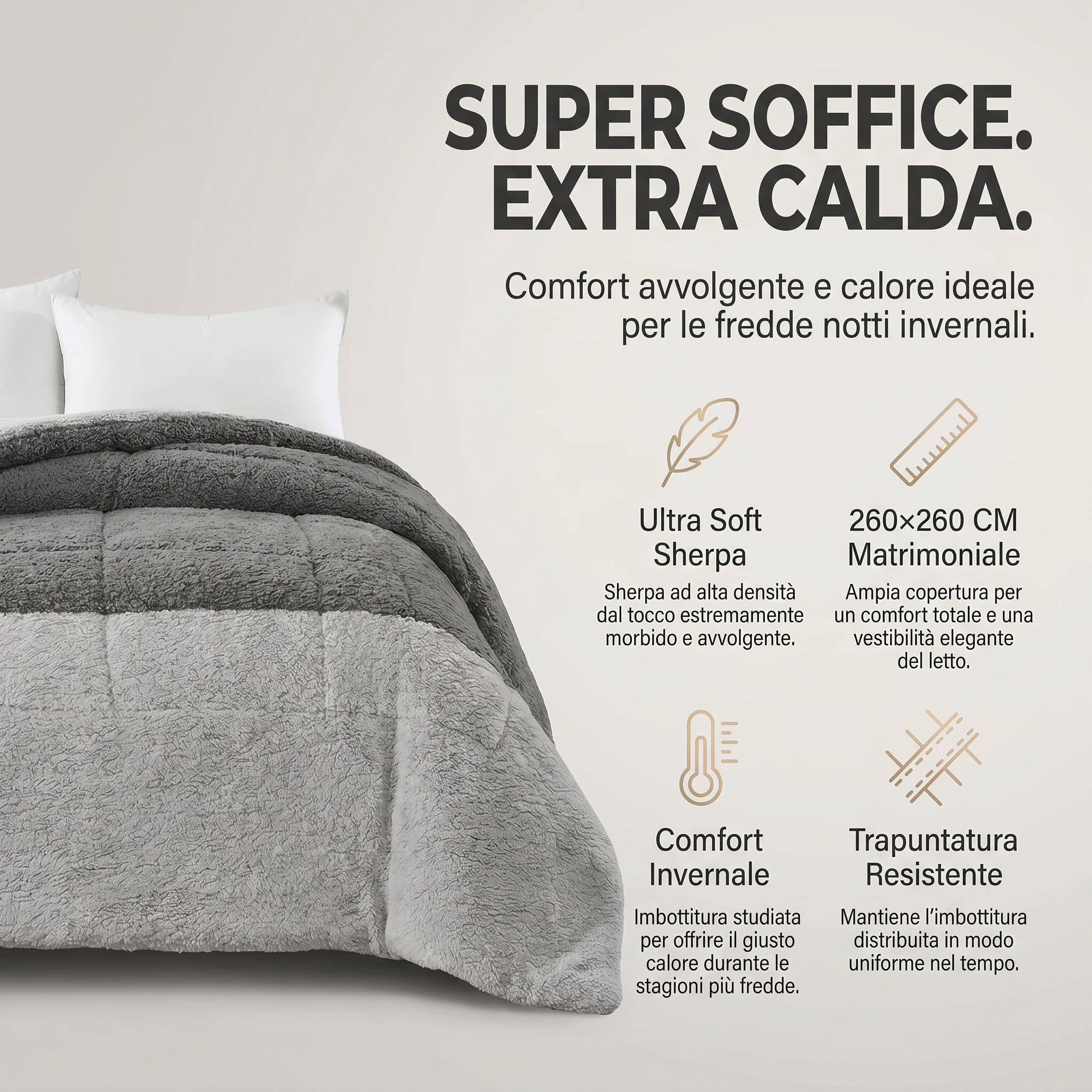 INTRECCI Trapunta Matrimoniale Invernale 250x250 cm In Tessuto Sherpa Agnellato Calda Coperta Autunno Inverno Piumone In Morbida Microfibra Anallergica Antiacaro (Grigio/Titanio)