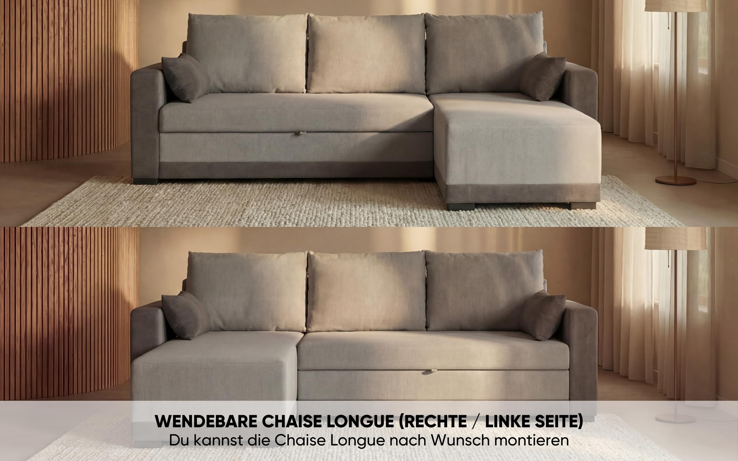 BUDWING Leah, Ecksofa mit Schlaffunktion Zweifarbig Grau – 4-Sitzer – Reversible Chaiselongue, 2 Dekokissen – Polyesterstoff – Modernes Design – 233 cm (Breite) x 124 cm (Tiefe) x 69 cm (Höhe)