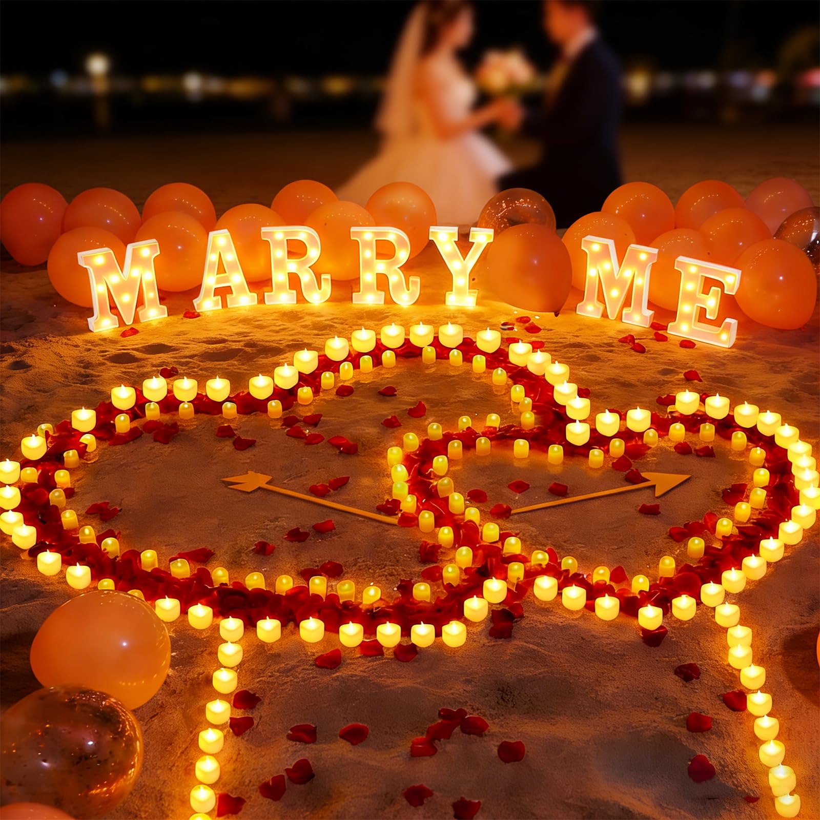 Marry Me Leuchtbuchstaben mit 2000 Künstlichen Rosenblüten,MARRY ME-Schild mit 24 flammenlosen Herzkerzen, LED Buchstabenlicht für Außenbereich Heiratsantrag Dekoration (MARRY ME)