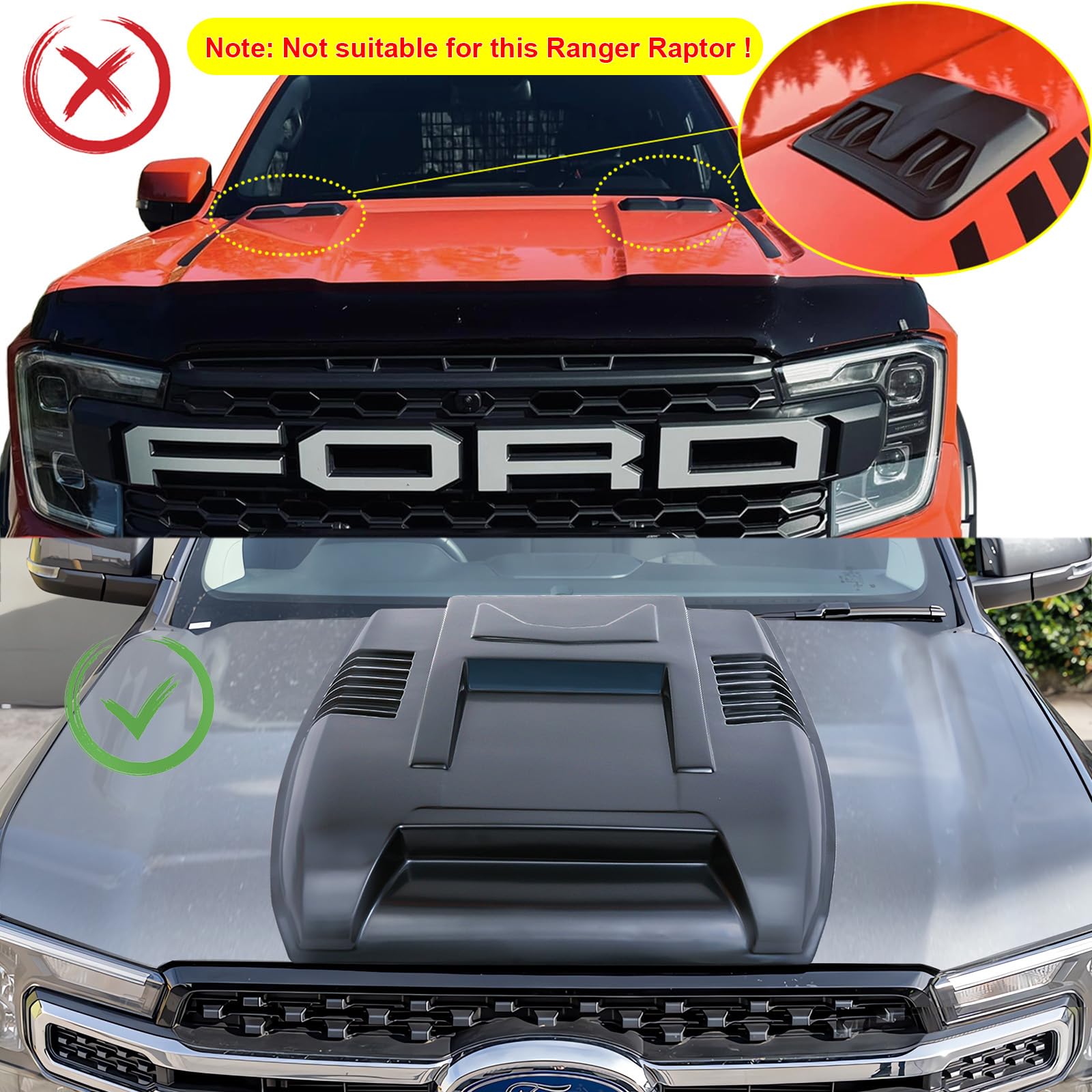 Pala grande para capó Protector de capó para Ford Ranger 2023-2024-2025 Wildtrak Limited XL XLT Tremor Platinum T9 ABS Paneles de capó