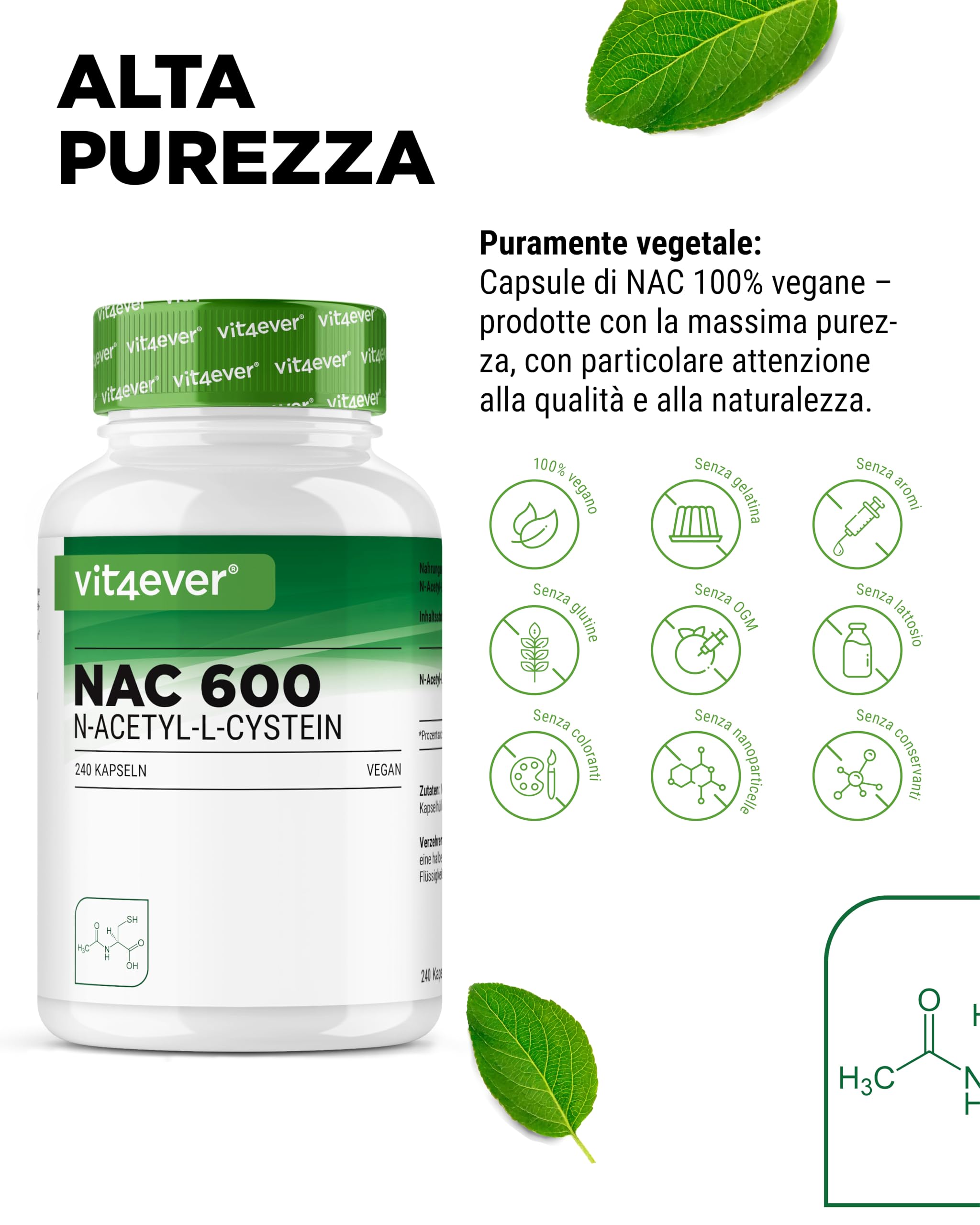 vit4ever NAC - N-Acetil L-Cisteina 240 capsule da 600 mg ciascuna - Scorta per 8 mesi - Senza additivi inutili - Vegano - Alto dosaggio - Qualità premium